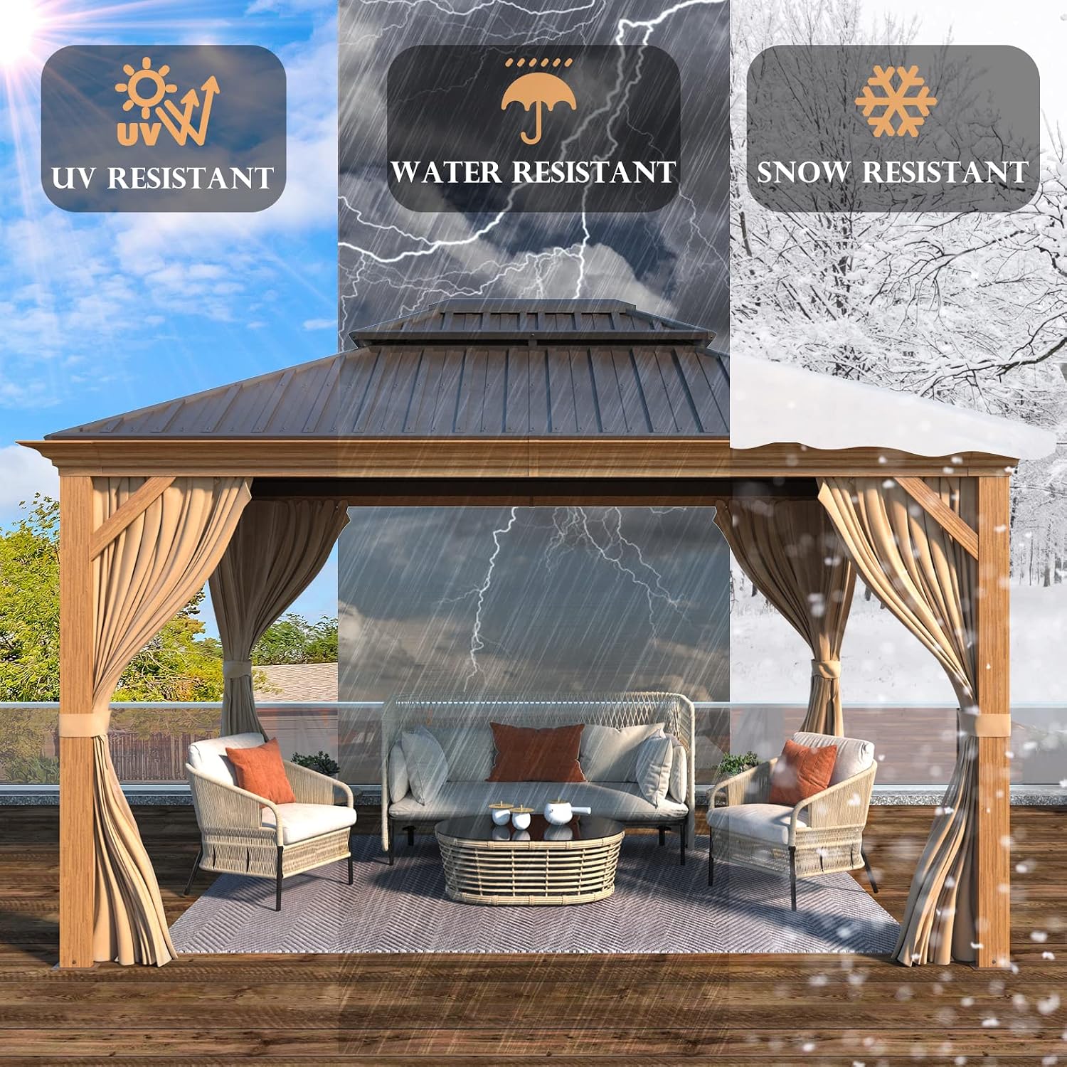 YOLENY 10' x 12' Hardtop Gazebo, Wood-Looking Gazebo with Galvanized Steel Double Roof, Aluminum Frame, Permanent Metal Pavilion with Netting and Curtains for Deck, Backyard, Patio and Lawns