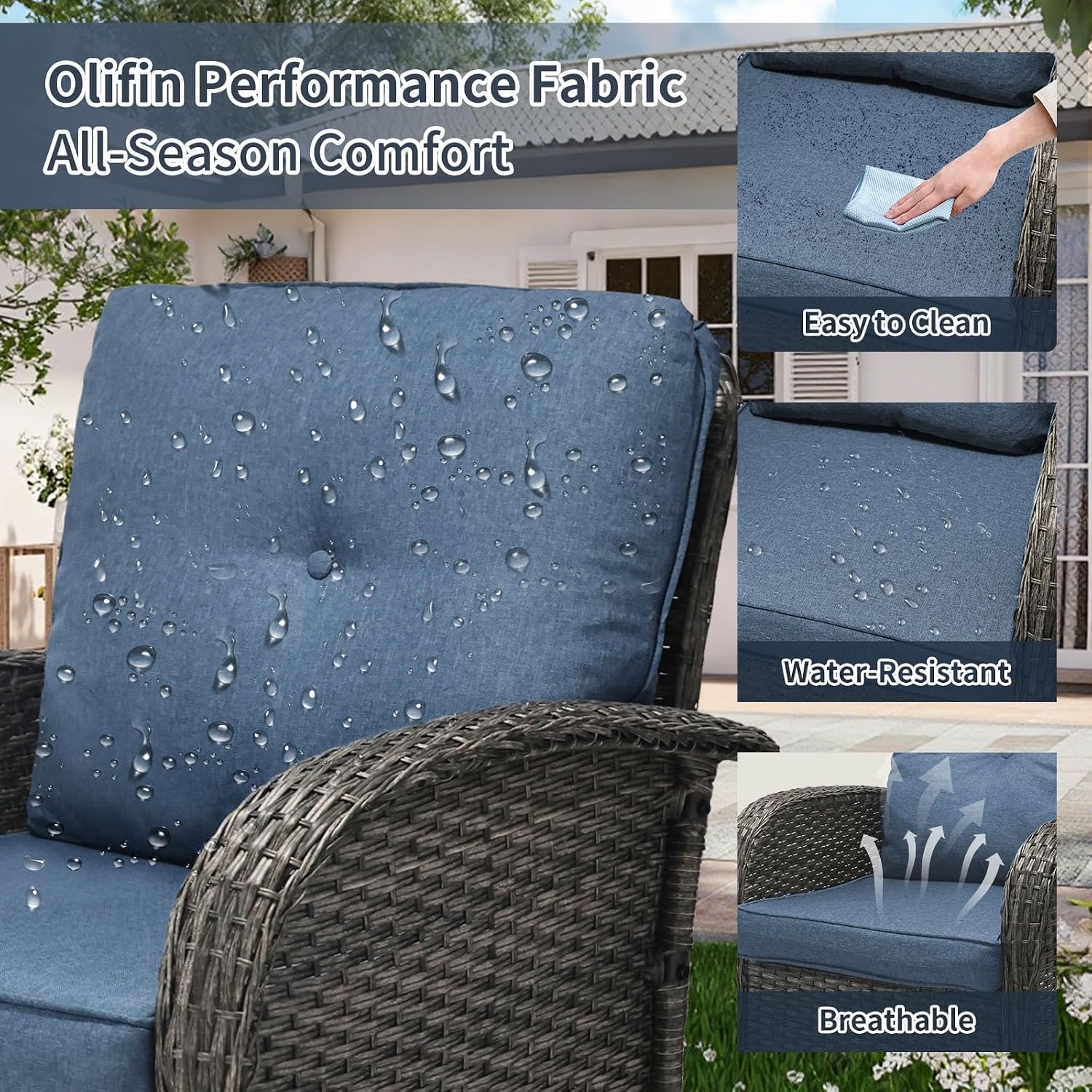 SHGJ&SOFT 3 Piece Patio Furniture Set, 2 Outdoor Swivel Rocking Chairs with Side Table, Wicker Glider Chairs, All-Weather Rattan Bistro Set for Porch, Deck, Pool (Blue, Grey Full-Weave Rattan)
