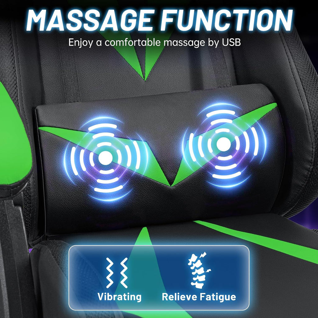 HOFFREE Gaming Chair with Bluetooth Speakers and Led Lights Massage Computer Gamer Chair with Footrest Ergonomic Video Game Chair for Adults Green and Black