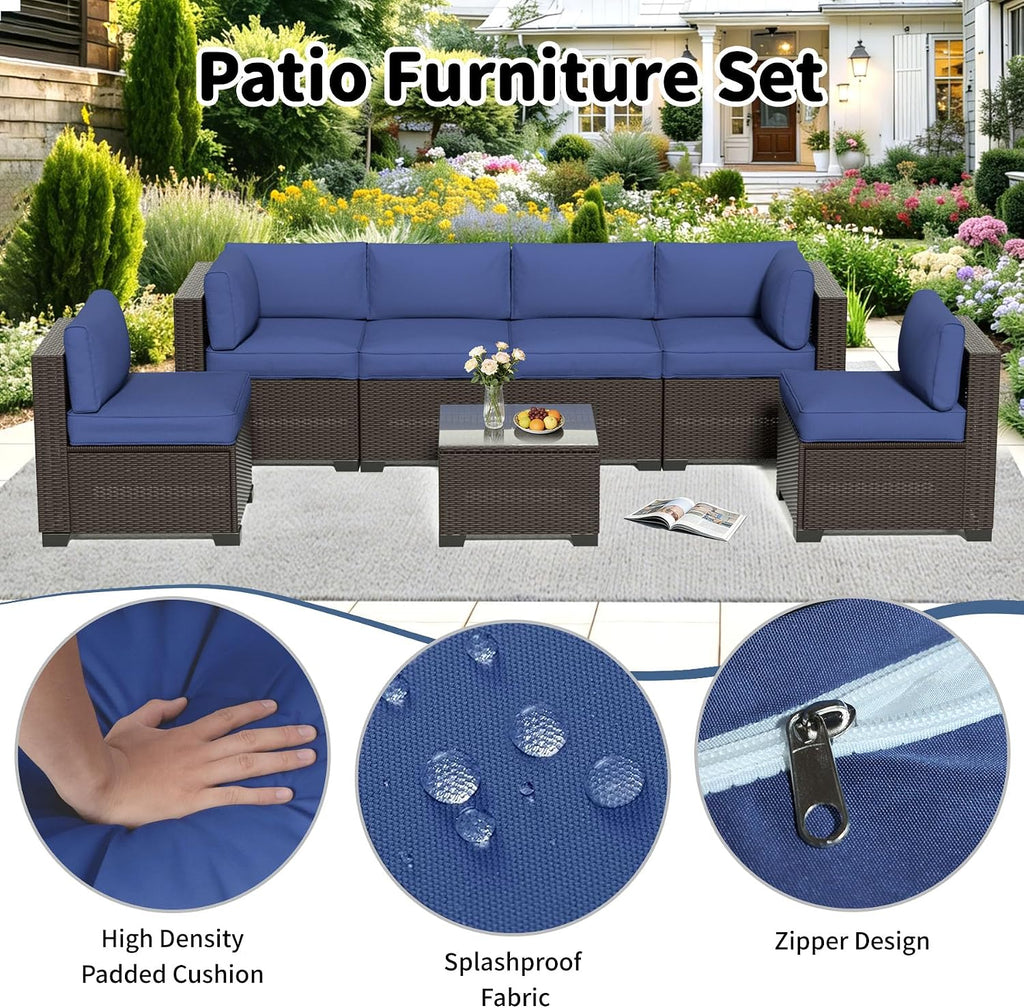 YLGJ&TIDY 7-Piece Outdoor Sectional Patio Furniture Set, All-Weather Wicker Rattan Sofa w/Thick Washable Cushions & Tempered Glass Table, Perfect for Garden, Poolside, Backyard (7, Navy Blue)