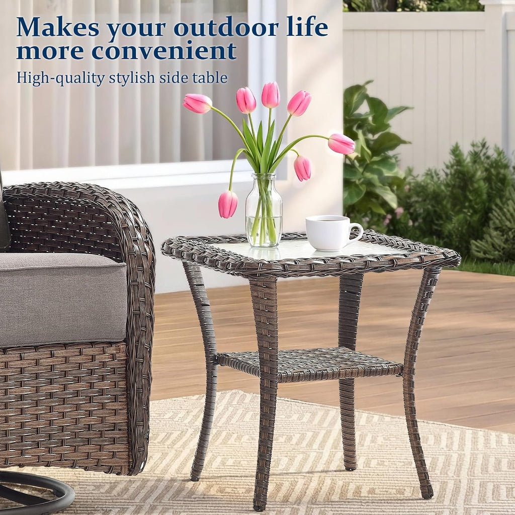 Outdoor Swivel Rocking Chair Patio Set (3-Piece), High-Back - Thick Cushion Swivel Rocking Chair Patio Set, All-Weather Wicker Patio Furniture Set, Suitable for Balcony Patios, Brown/Gery
