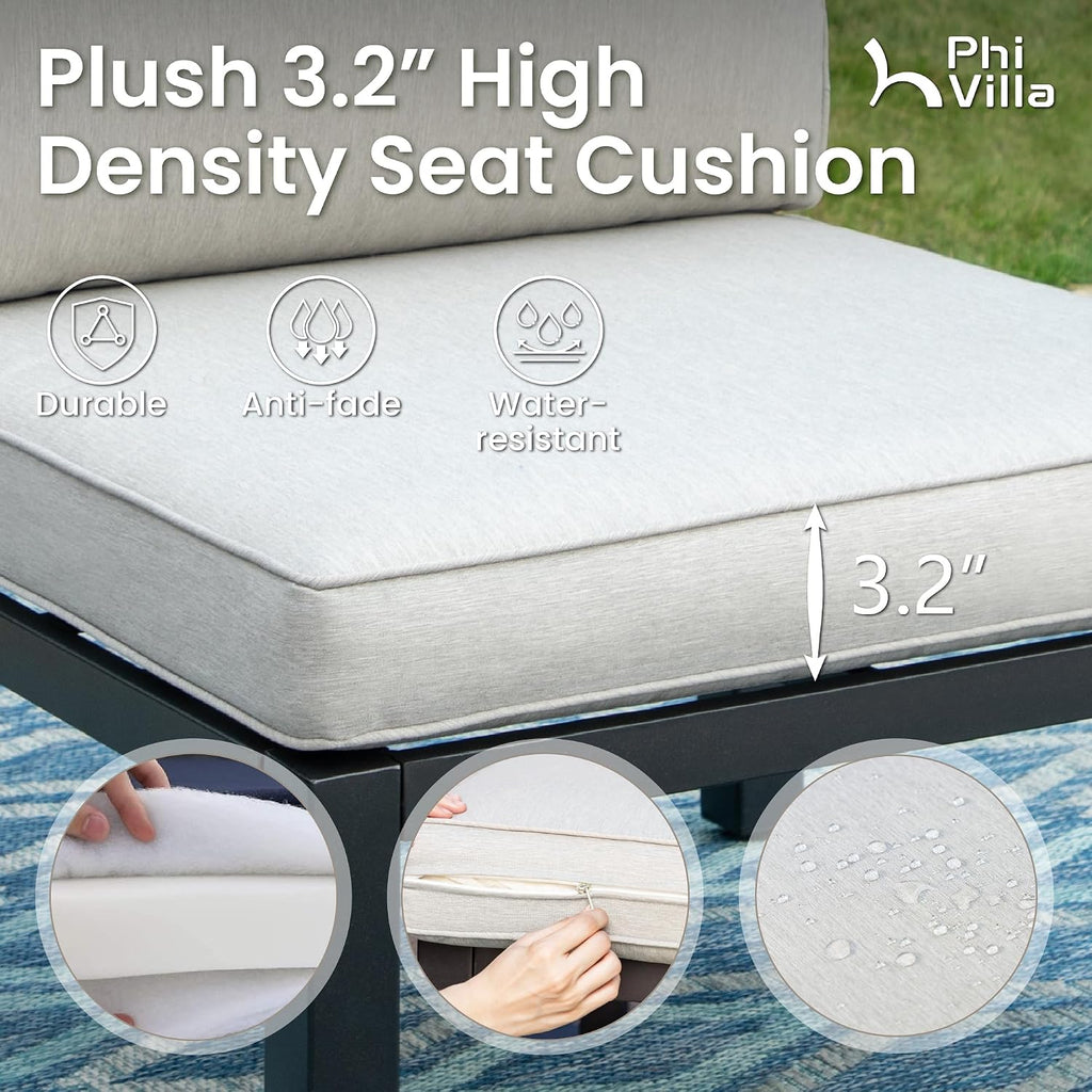 PHI VILLA 9 Pieces Metal Patio Furniture Set, Modular Outdoor Sectional Conversation Set with Coffee Table & Removable Light Grey Cushions - Perfect for Backyard & Garden