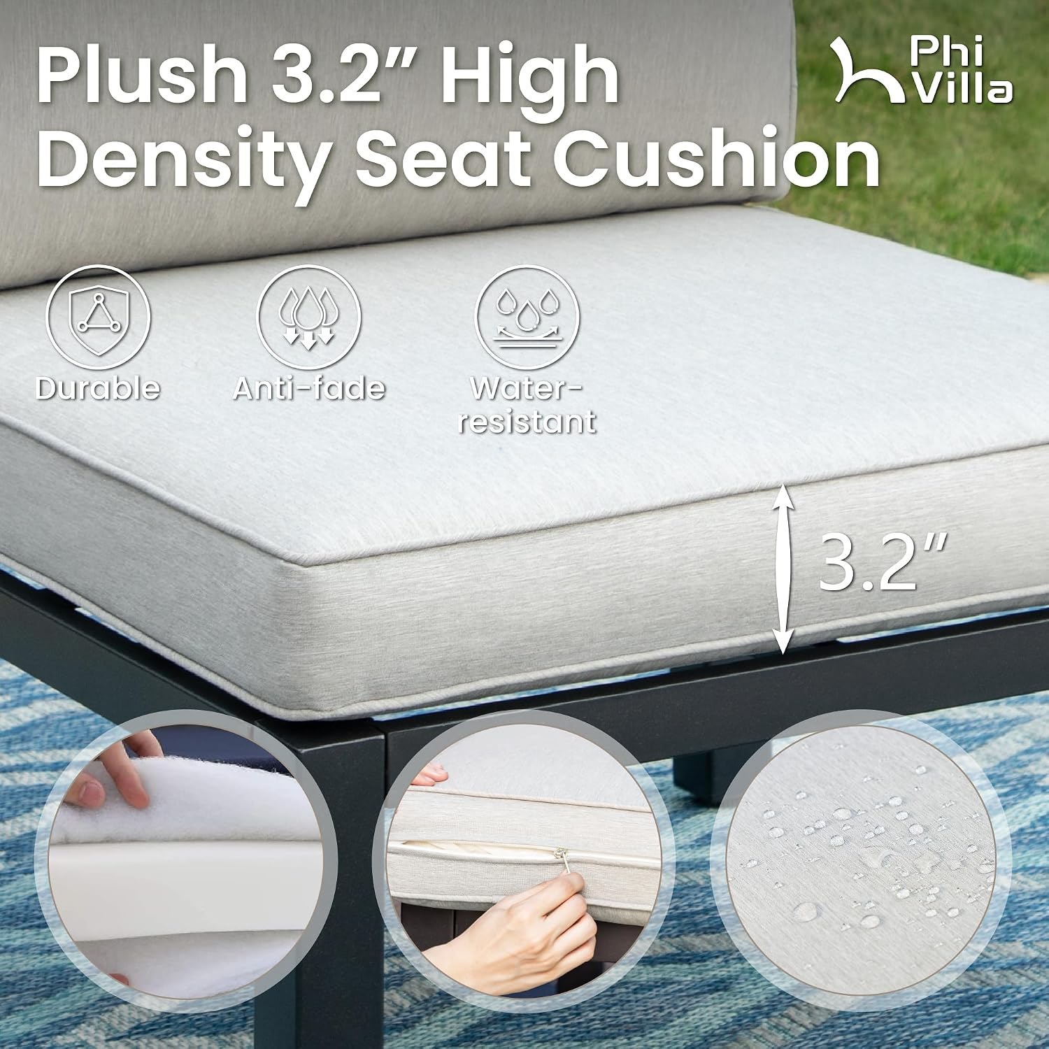 PHI VILLA 9 Pieces Metal Patio Furniture Set, Modular Outdoor Sectional Conversation Set with Coffee Table & Removable Light Grey Cushions - Perfect for Backyard & Garden