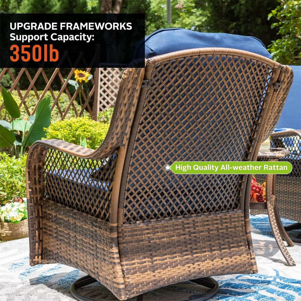 PHI VILLA Oversized Outdoor Swivel Rocker Chairs Set 3 Piece with 1 Table and 2 Rocking & Swivel Chairs Support 350lbs Navy Blue Wicker Outdoor Furniture Patio Conversation Set