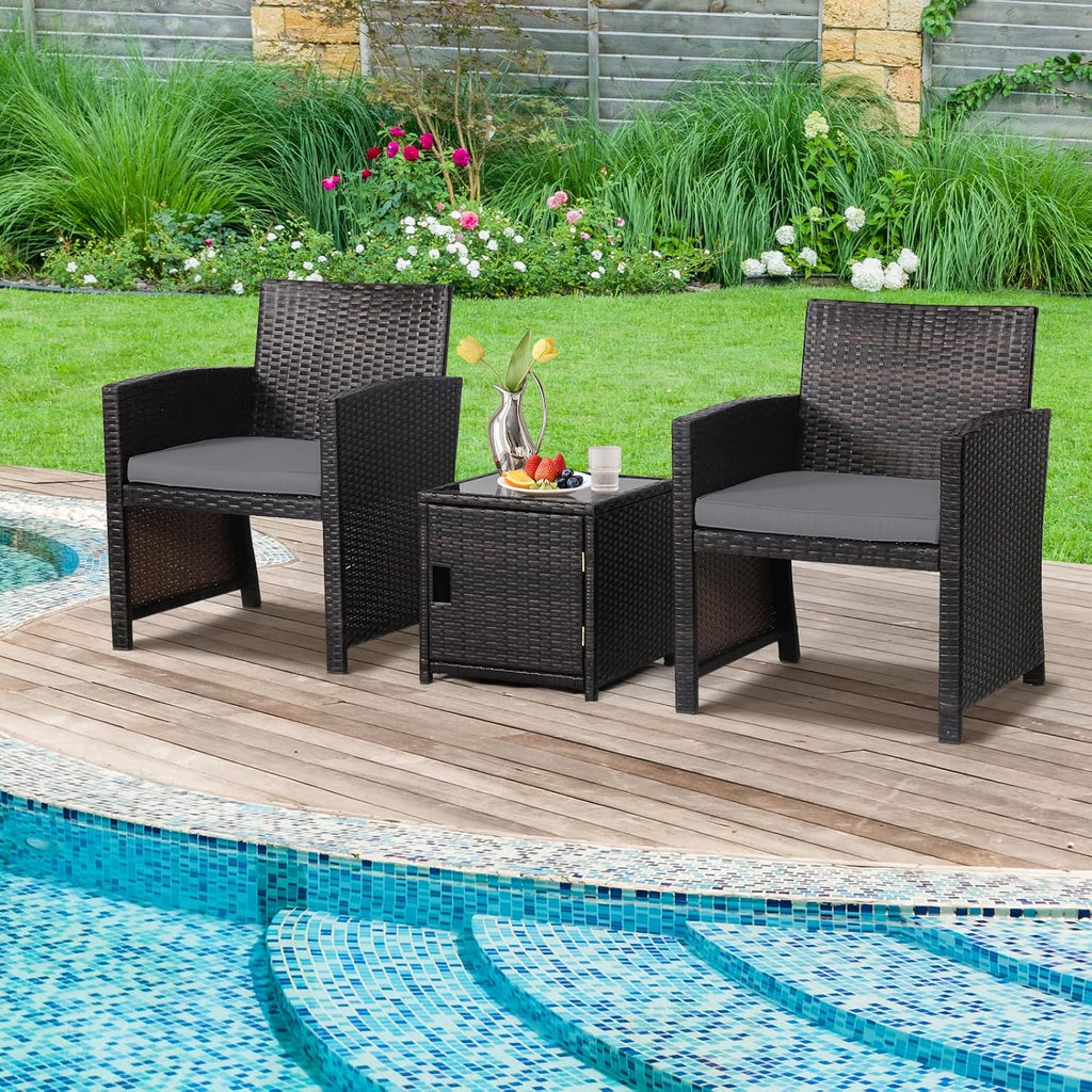 Tangkula 3 Pieces Outdoor Wicker Conversation Set with Waterproof Cover, 2 Patio PE Rattan Cushioned Chairs with Side Storage Table, Suitable for Front Porch, Balcony, Garden, Poolside and Yard (Grey)