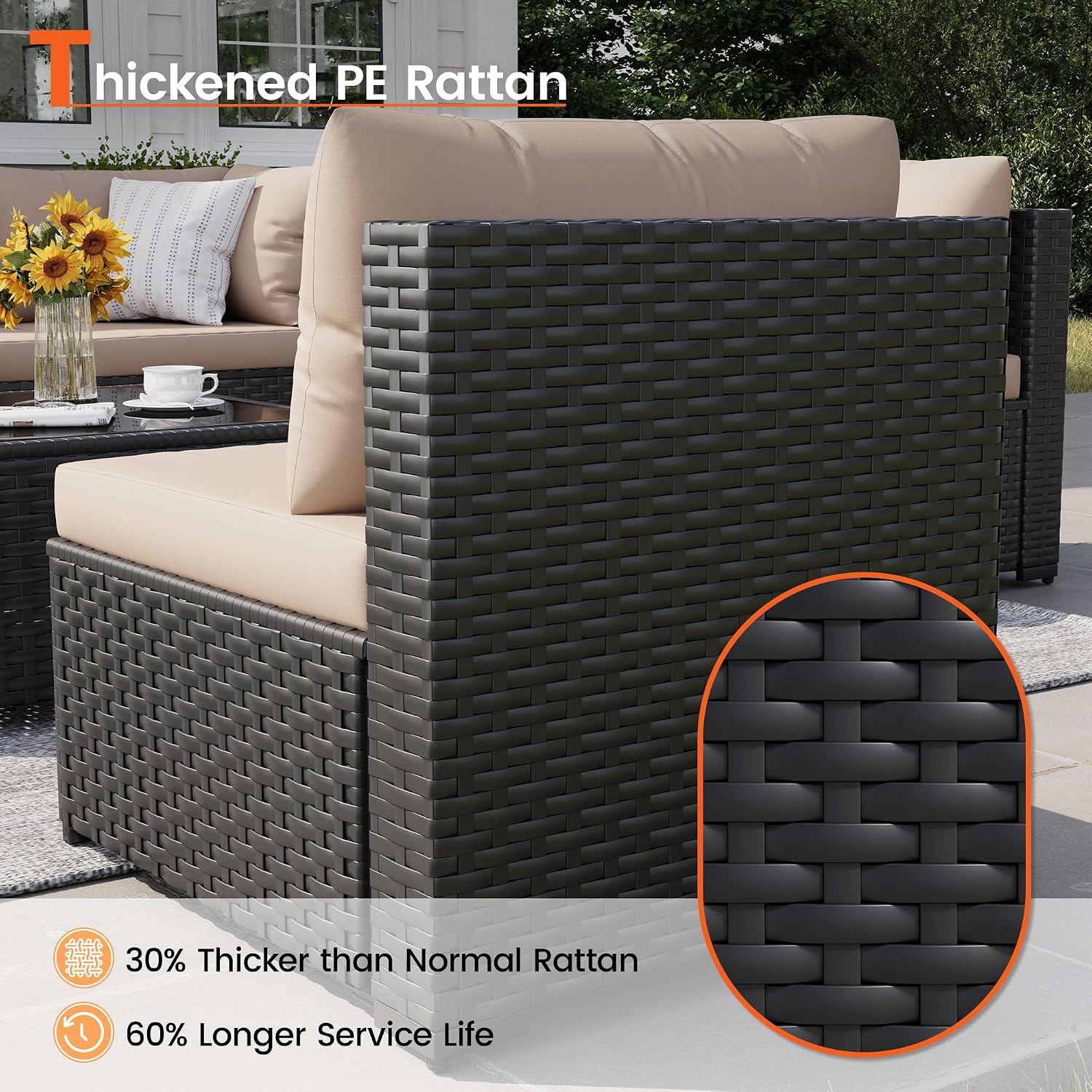Patio Furniture Set, 7-Piece Outdoor Sectional All-Weather Wicker Patio Conversation Set for Backyard, Garden, Beige