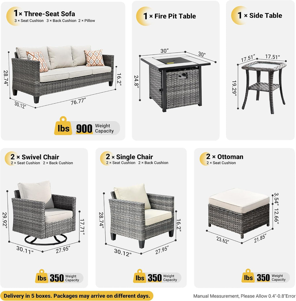ovios 9 Pieces Patio Furniture Set with Square Fire Pit Table, Outdoor Swivel Rocking Chairs, High Back Wicker Rattan Conversation Set for Deck Porch, Beige