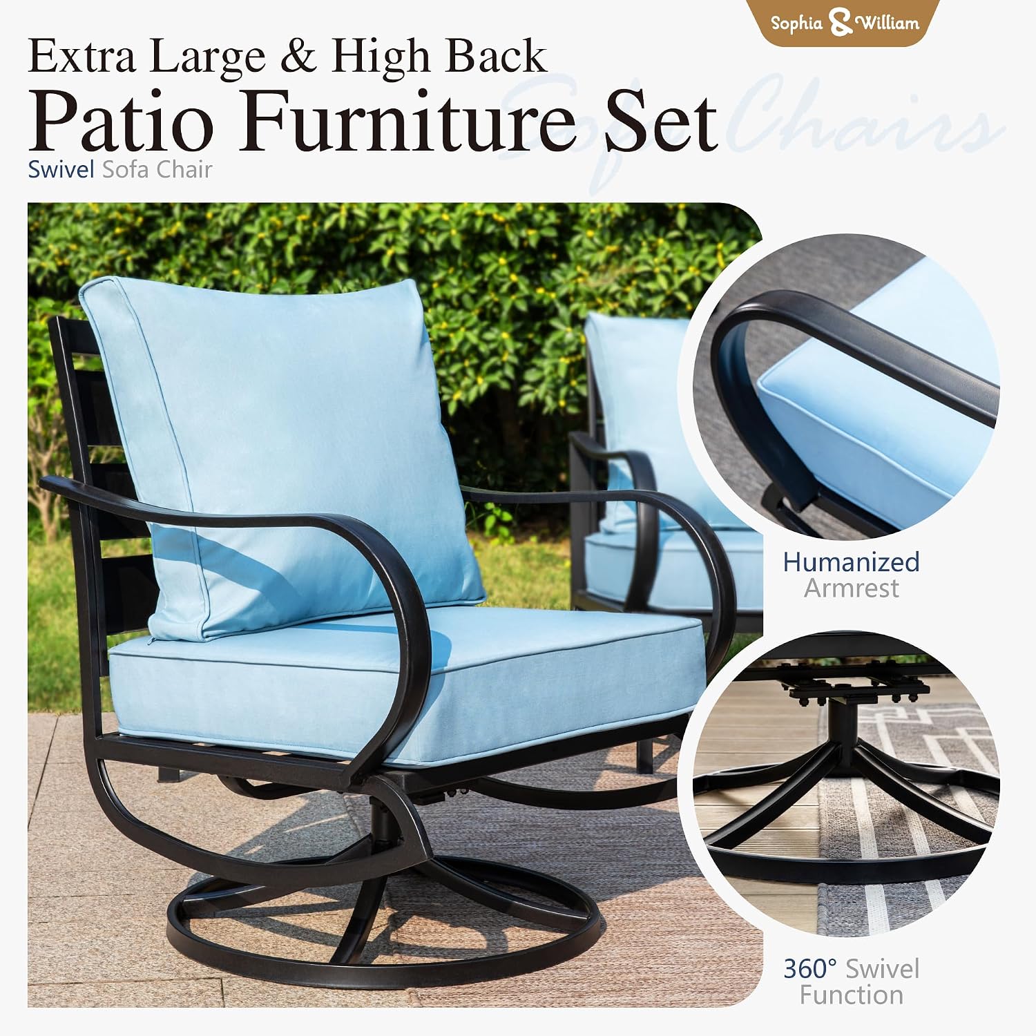Sophia & William Patio Furniture Sets 7 Seats Outdoor Conversation Set 6 Pcs,2 x Cushioned Swivel Sofa Chairs,1 x 3-Seat Sofa,2 Ottomans, Marbling Metal Coffee Table Patio Backyard Poolside Blue