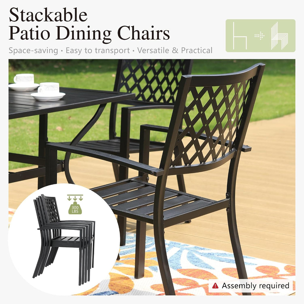 PHI VILLA 7 Piece Metal Outdoor Patio Dining Bistro Sets with Umbrella Hole, 60.2' x 37.8' Rectangle Patio Table and 6 Backyard Garden Outdoor Chairs, Black