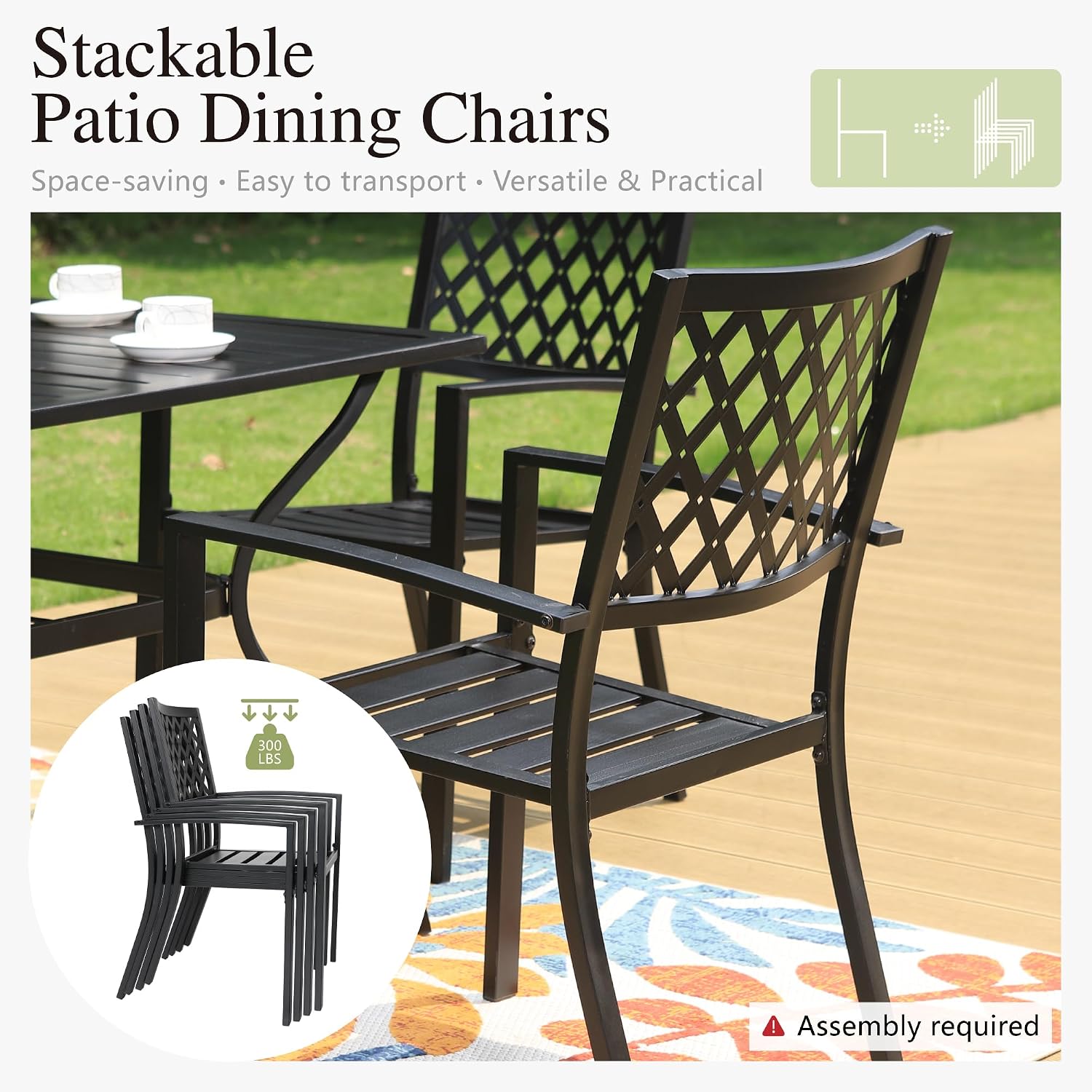 PHI VILLA 7 Piece Metal Outdoor Patio Dining Bistro Sets with Umbrella Hole, 60.2' x 37.8' Rectangle Patio Table and 6 Backyard Garden Outdoor Chairs, Black