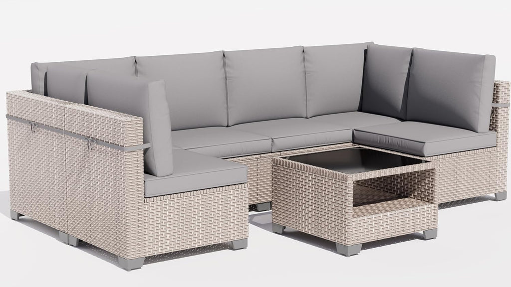 7 Pieces Patio Furniture Set, Outdoor Sectional Wicker Sofa with Thick Cushions and Storage Coffee Table, Rattan Patio Conversation Sets for Deck Yard Poolside, Grey