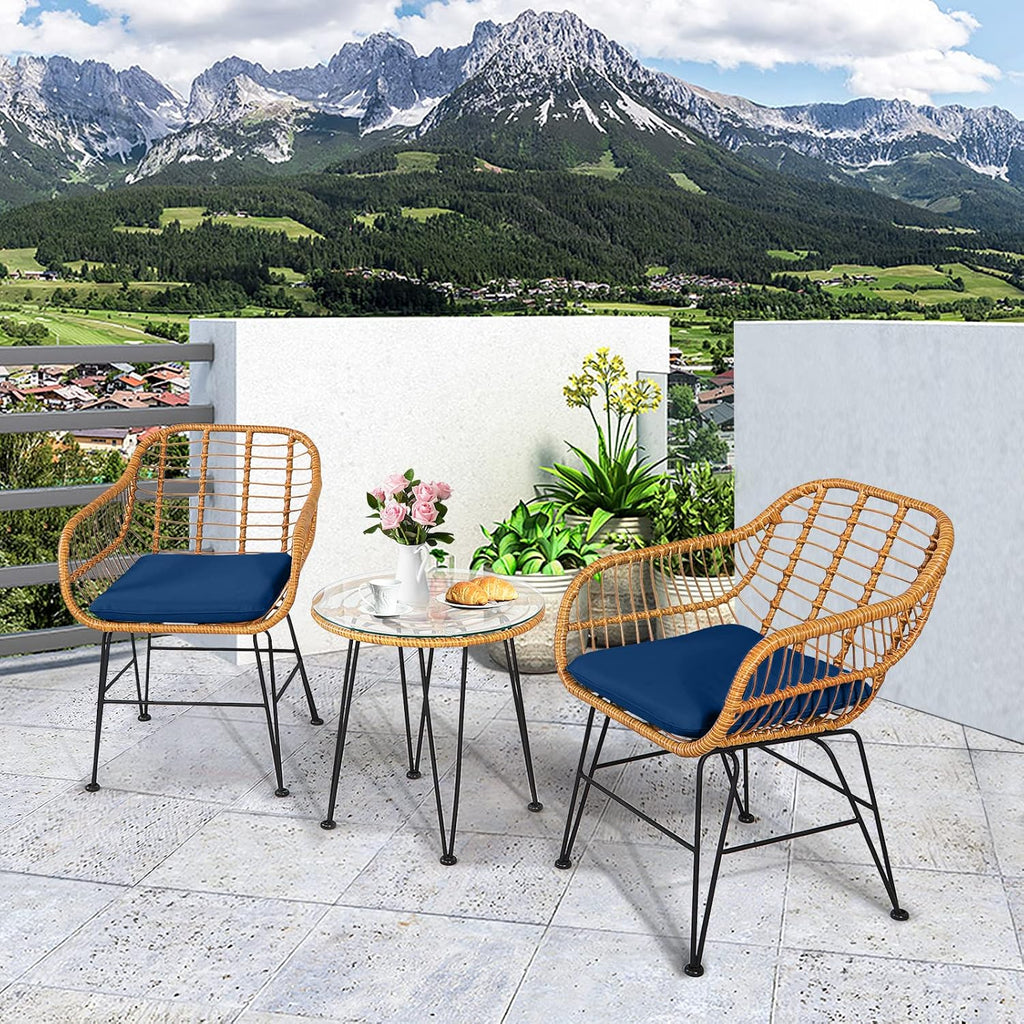 Tangkula 3 Pieces Patio Bistro Set, Rattan Conversation Set with 2 Cushioned Armchairs & Round Glass Coffee Table, Indoor Outdoor Wicker Furniture Set for Balcony, Backyard, Garden, Poolside