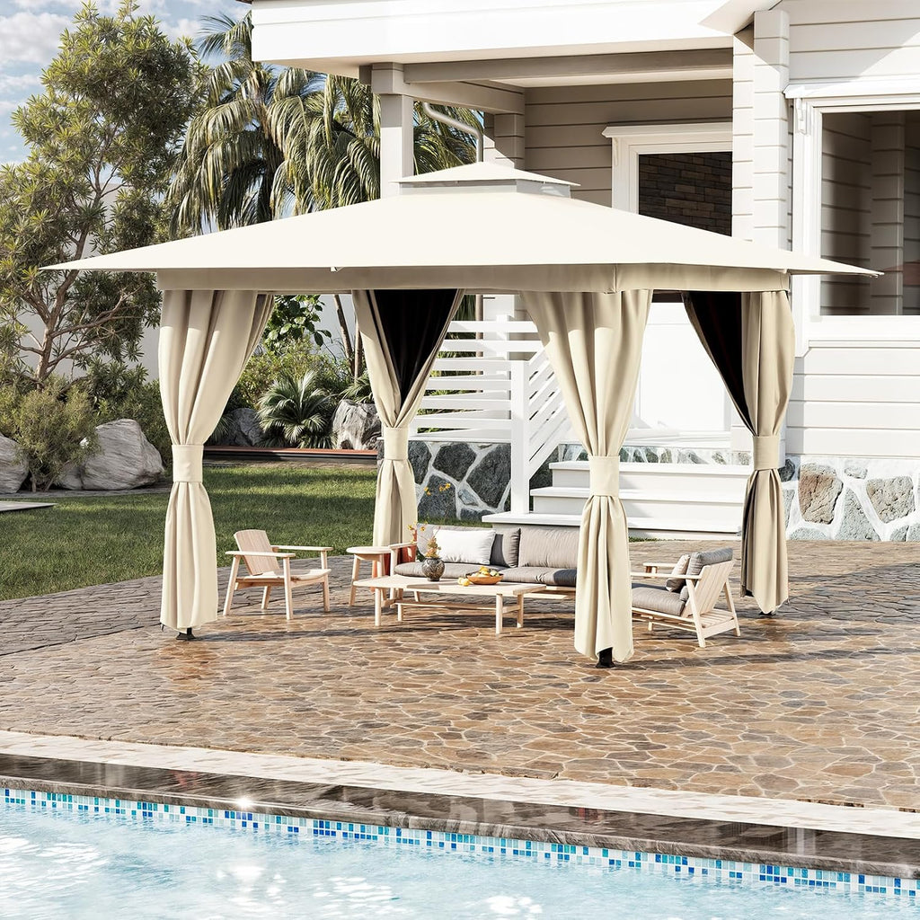 MELLCOM 10'x10' Outdoor Gazebo Kahaki for Patio, Heavy Duty Party Tent with Double Roofs, Outdoor Canopy with Curtains and Nettings for Deck, Lawn and Backyard