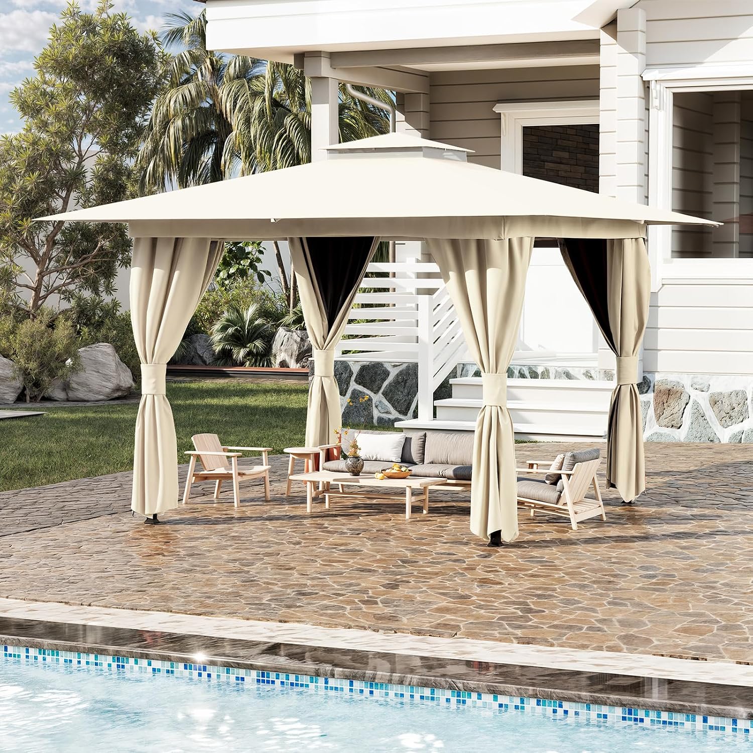 MELLCOM 10'x10' Outdoor Gazebo Kahaki for Patio, Heavy Duty Party Tent with Double Roofs, Outdoor Canopy with Curtains and Nettings for Deck, Lawn and Backyard