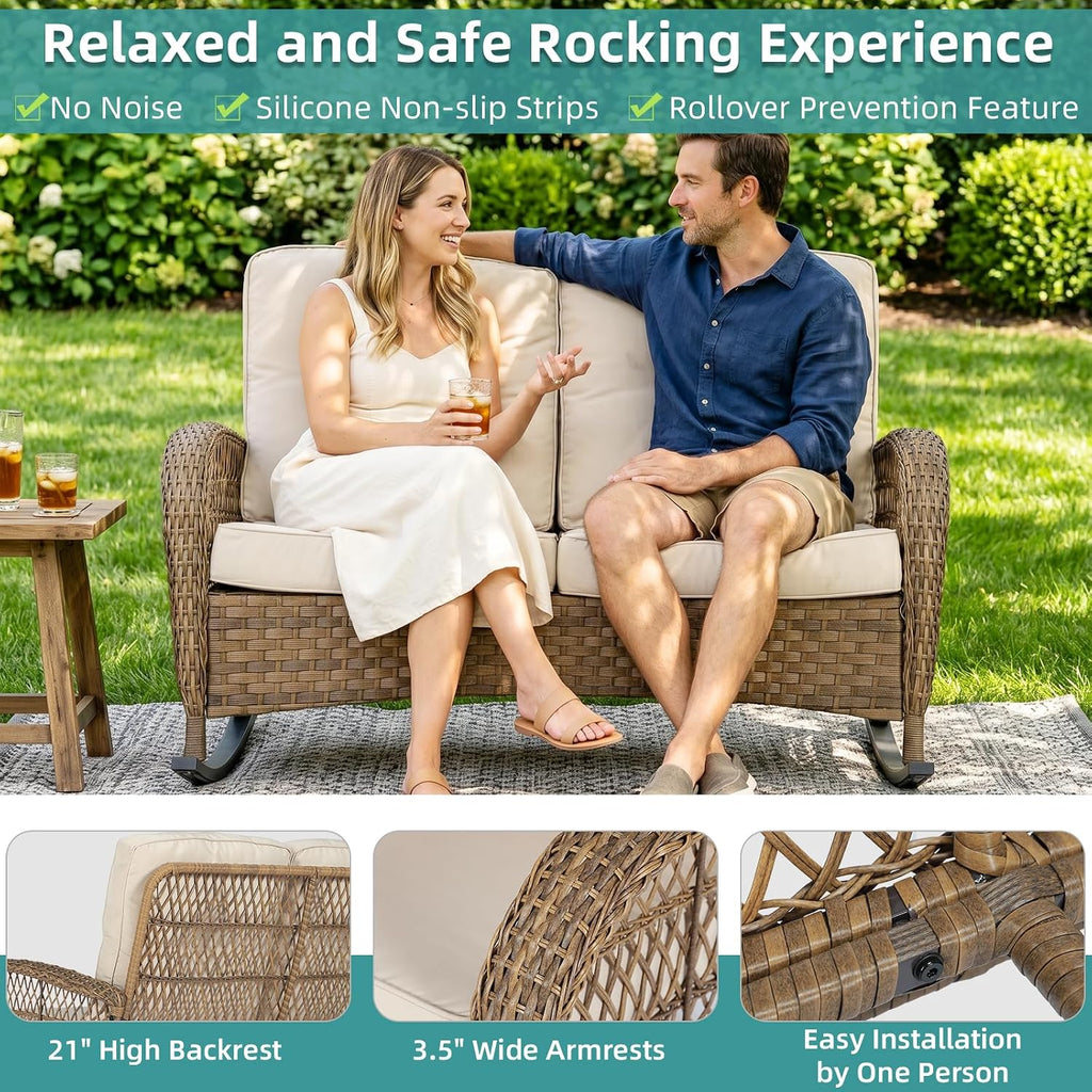 MEETWARM Outdoor Wicker Loveseat Rocking Chair, Loveseat for 2 Person Porch Furniture Rocker with Glass-Top Coffee Table, All-Weather Rattan Patio Rocking Bench with Thickened Cushions, Brown