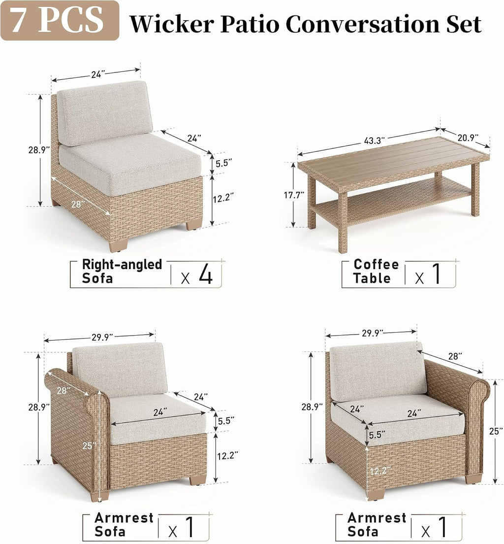 Patio Furniture Set 7 Piece, Wicker Rattan Sectional Sofa Couch with 5.5' Thick Waterproof Cushions and Coffee Table, All weather Modular Outdoor Conversation Set for Lawn Backyard and Deck, Beige