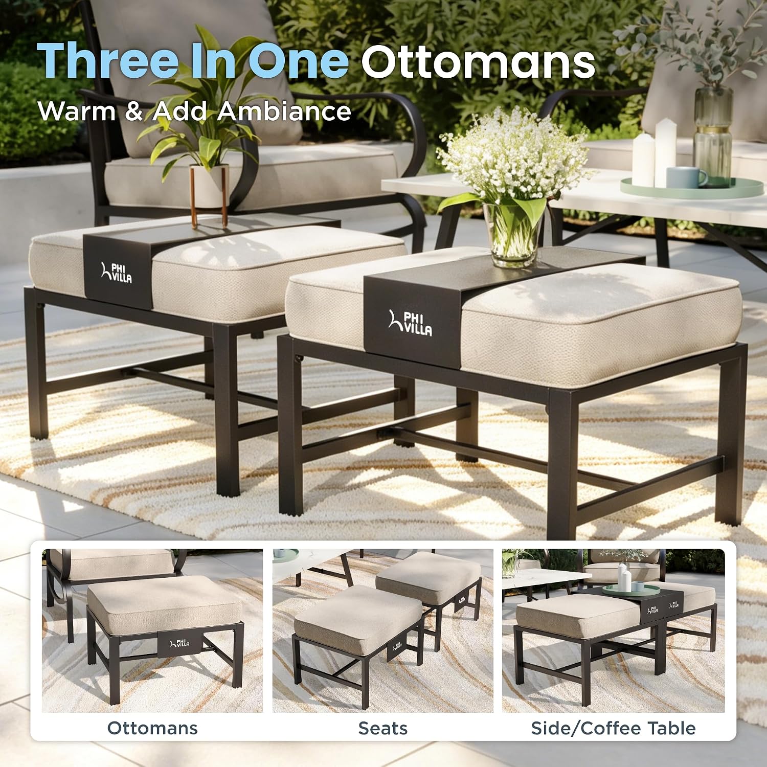 PHI VILLA 7 PCS Patio Furniture Set,Metal Outdoor Furniture with 1x 3 Seater Cushioned Deep Seating Bench Sofa, 2 Swivel Chair, 2 x Leg Chairs & 2 Ottoman,Outdoor Seating for 7 Person