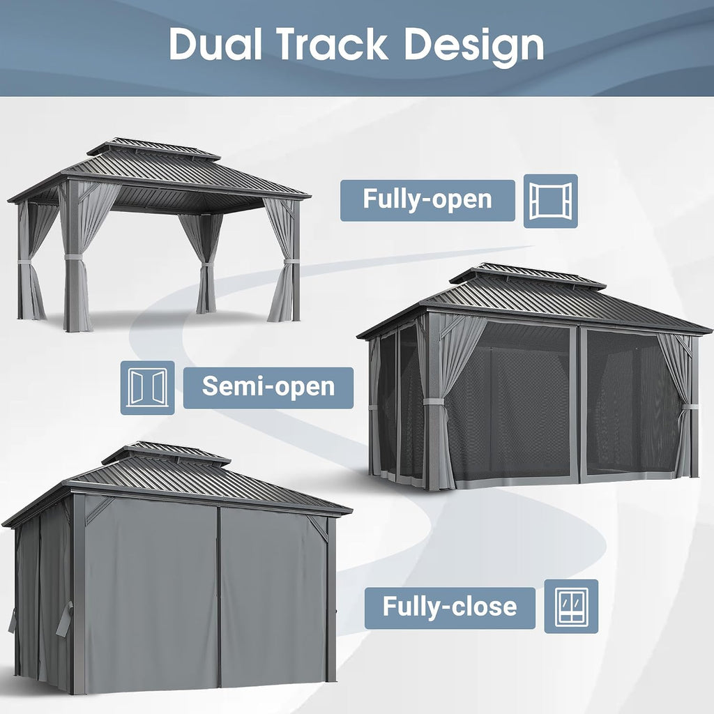 Polar Aurora 10x12 FT Hardtop Gazebo with Aluminum Frame, Galvanized Steel Double Roof Gazebo with Nettings and Curtains, Permanent Outdoor Metal Pavilion for Patio, Deck, Lawn and Garden, Gray