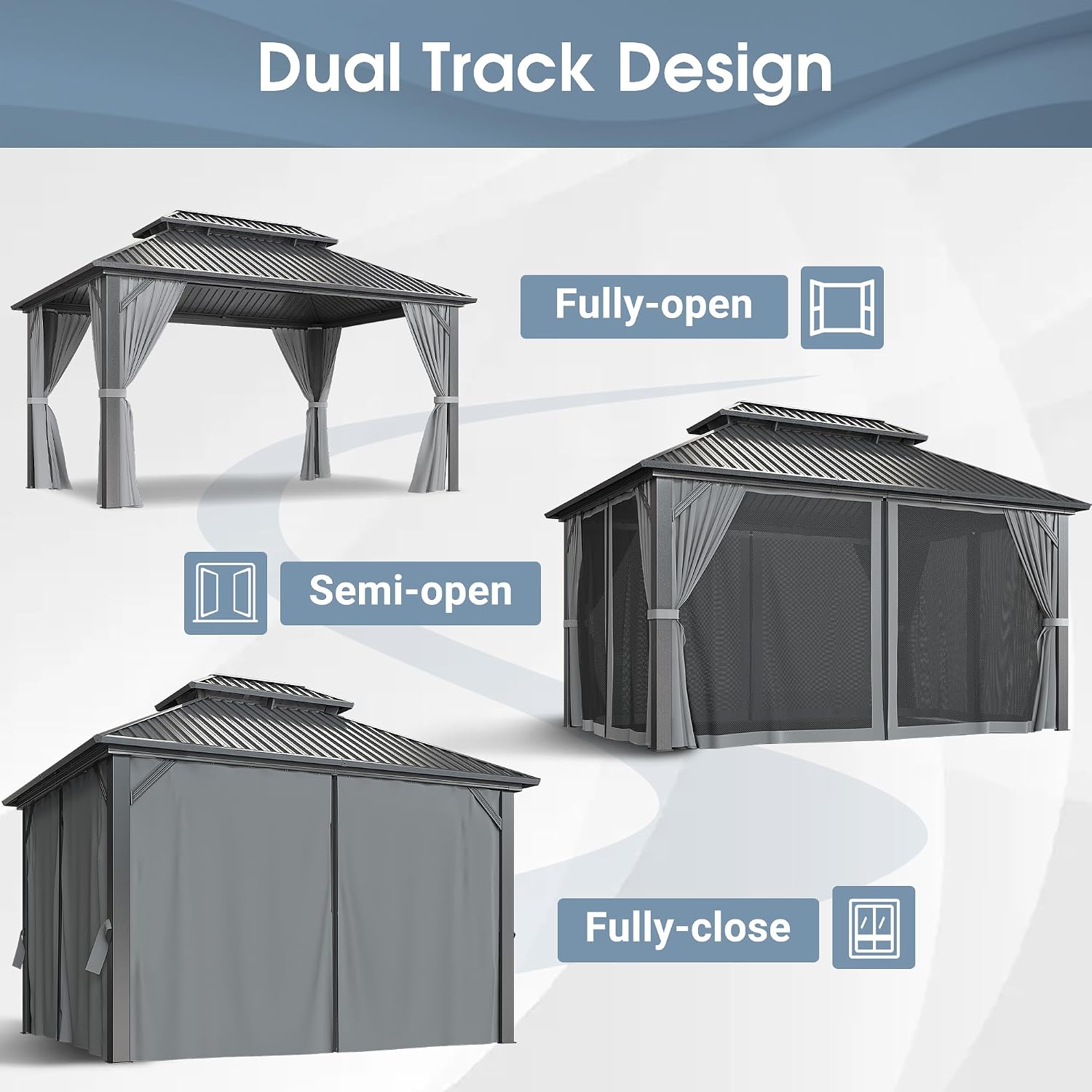 Polar Aurora 10x12 FT Hardtop Gazebo with Aluminum Frame, Galvanized Steel Double Roof Gazebo with Nettings and Curtains, Permanent Outdoor Metal Pavilion for Patio, Deck, Lawn and Garden, Gray
