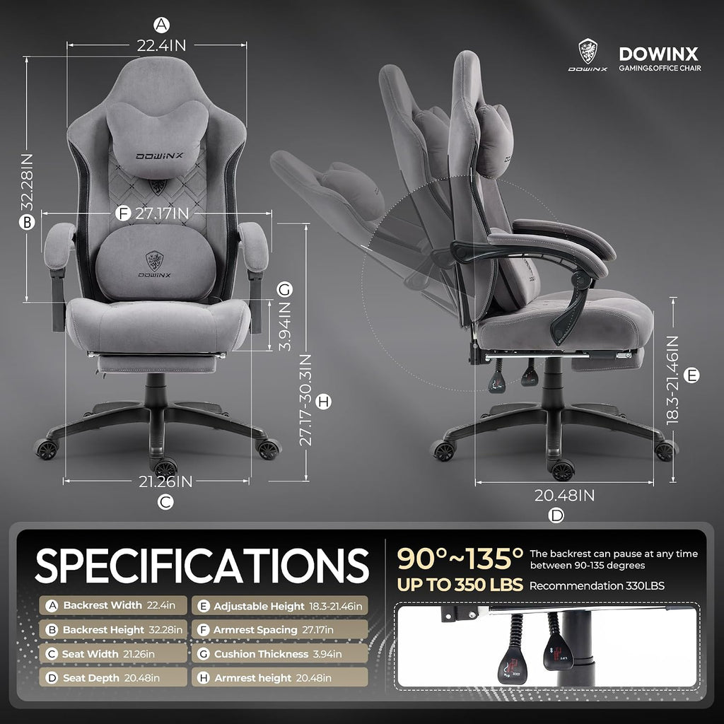 Dowinx Fabric Gaming Chair with Heated Massage Lumbar Support, Gaming Chairs for Adults, Big and Tall Gamer Chair with Pocket Spring Cushion and Footrest, Ergonomic Recliner Computer Chair, Grey
