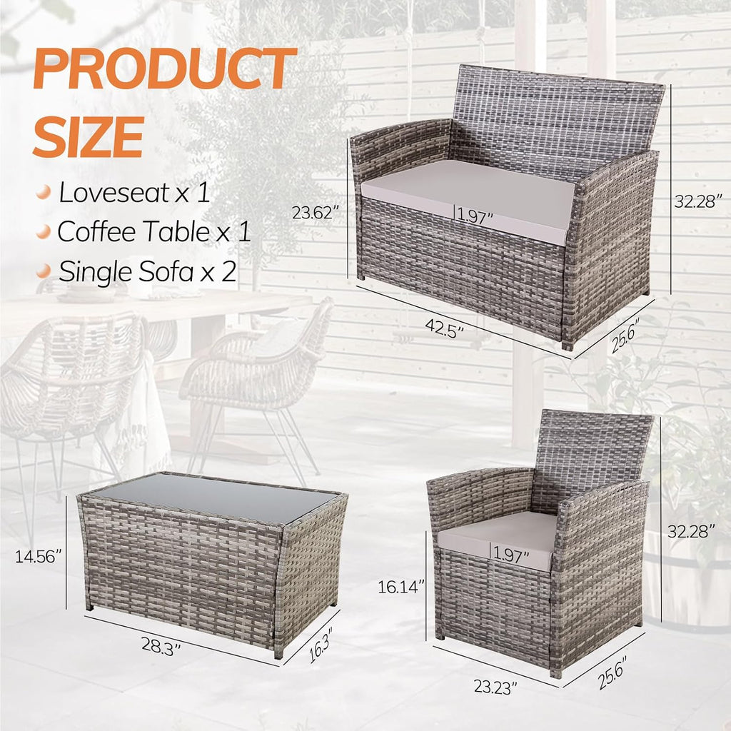 4 Piece Patio Furniture Set, Outdoor Wicker Conversation Sets, Rattan Sectional Sofa Couch with Coffee Table & Seat Cushions for Outside Backyard Porch Garden Poolside Balcony, Gray/Gray