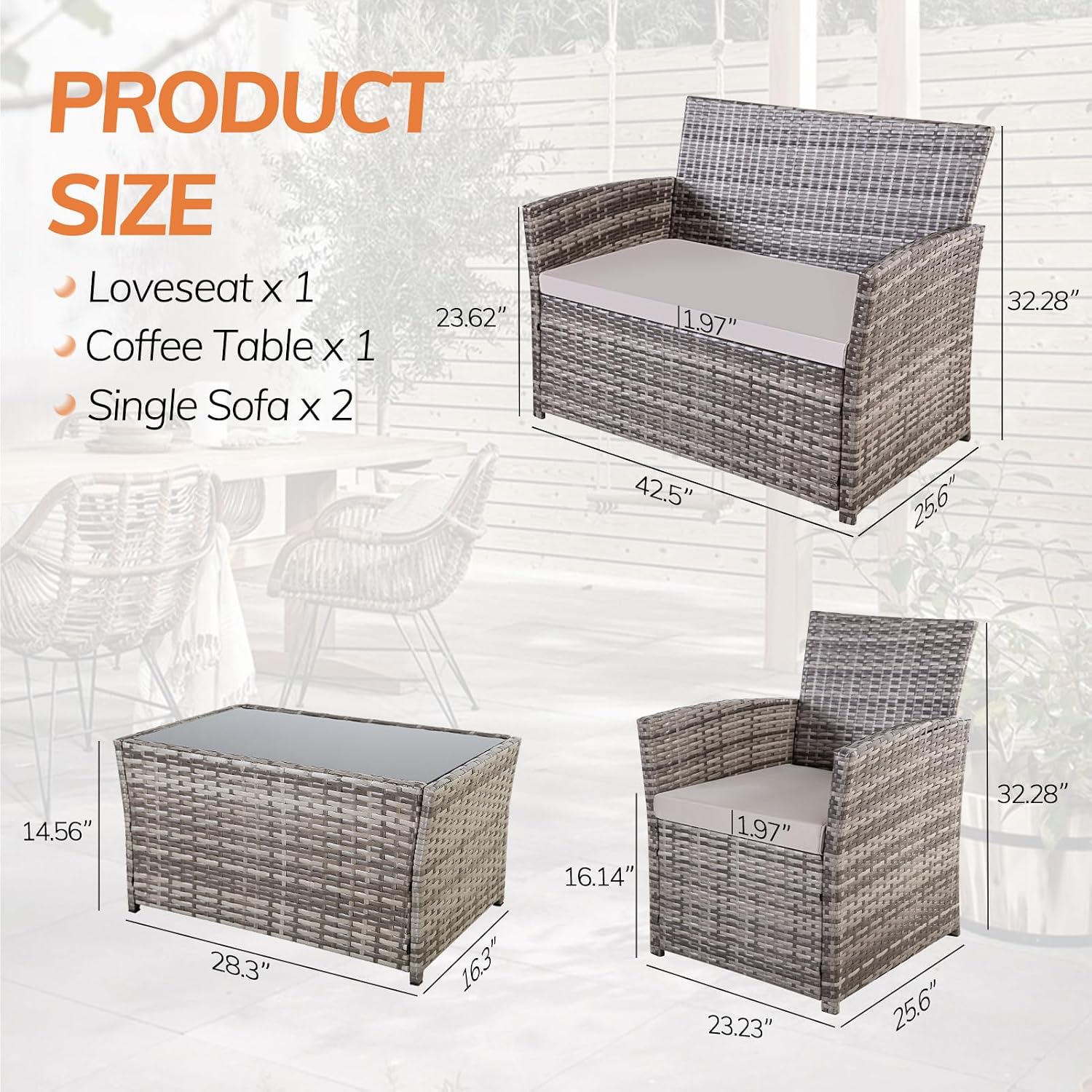 4 Piece Patio Furniture Set, Outdoor Wicker Conversation Sets, Rattan Sectional Sofa Couch with Coffee Table & Seat Cushions for Outside Backyard Porch Garden Poolside Balcony, Gray/Gray