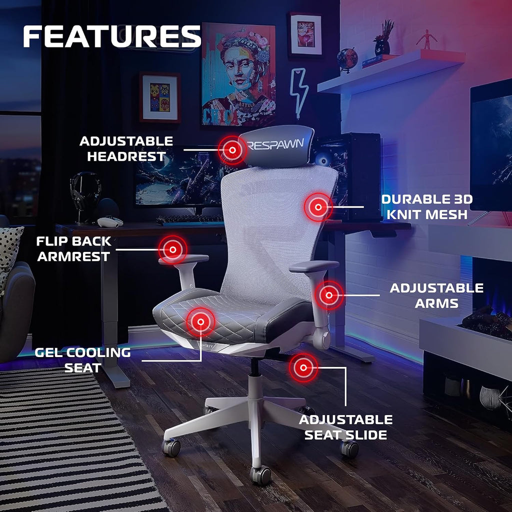 RESPAWN SPIRE Ergonomic Office Chair with Lumbar Support, Headrest, Adjustable Arms and Cooling Gel Seat Cushion, Comfy Breathable Mesh Seat for Home Office, High Back Reclining Gaming Chair - White