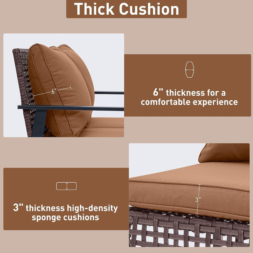 Ainfox Outdoor Wicker Loveseat Rocking Chair, Patio Rattan Rocker Chair with Cushions，All-Weather Modern Cozy Rocking Wicker Furniture for Garden Balcony Porch, Brown