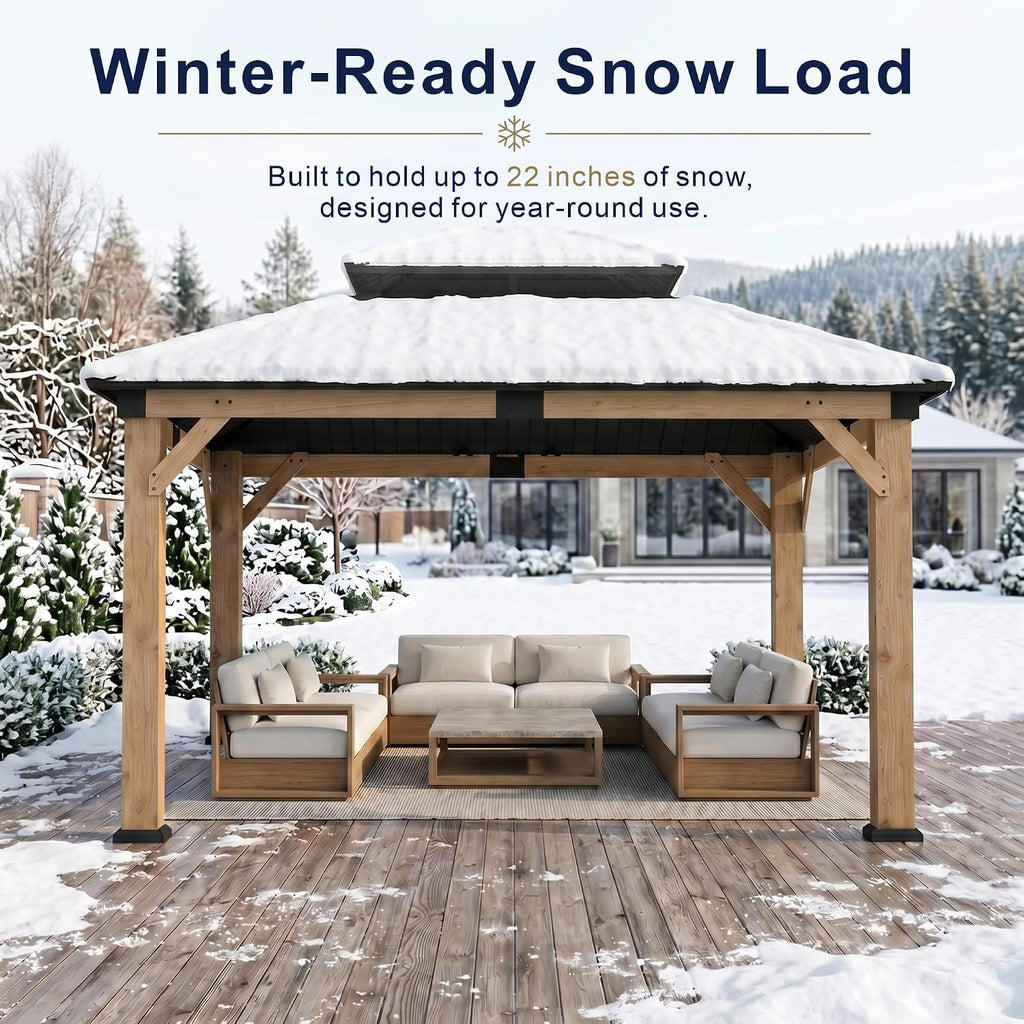 10' x 12' Wood Gazebo, Hardtop Gazebo Permanent Wooden Pavilion with Galvanized Steel Double Roof, Cedar Outdoor Gazebo with 4.72' Thick Posts for Patio, Backyard, Garden and Deck