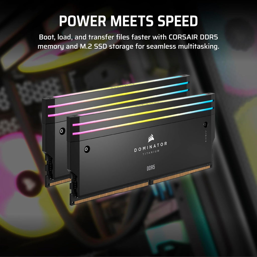 Corsair Vengeance a8200 Gaming PC – Liquid Cooled AMD Ryzen™ 7 9800X3D, NVIDIA® GeForce RTX™ 5090 GPU, 64GB Dominator Titanium RGB DDR5 Memory, 2+4TB M.2 SSD – Black