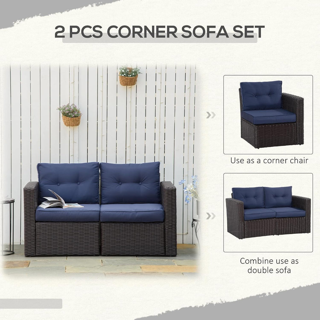 Outsunny 2 Piece Patio Wicker Corner Sofa Set, Outdoor PE Rattan Furniture, with Curved Armrests and Padded Cushions for Balcony, Garden, or Lawn, Dark Blue