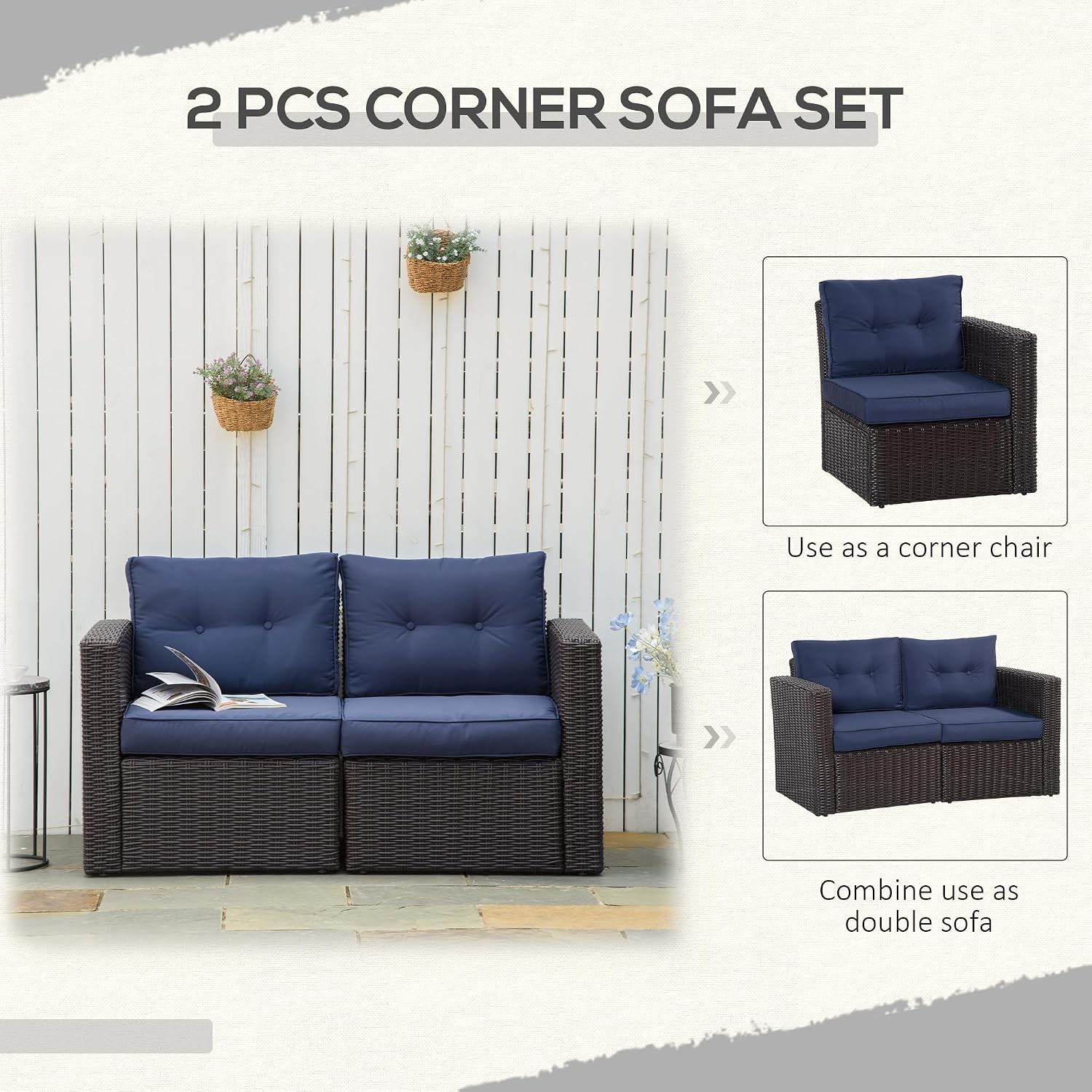 Outsunny 2 Piece Patio Wicker Corner Sofa Set, Outdoor PE Rattan Furniture, with Curved Armrests and Padded Cushions for Balcony, Garden, or Lawn, Dark Blue