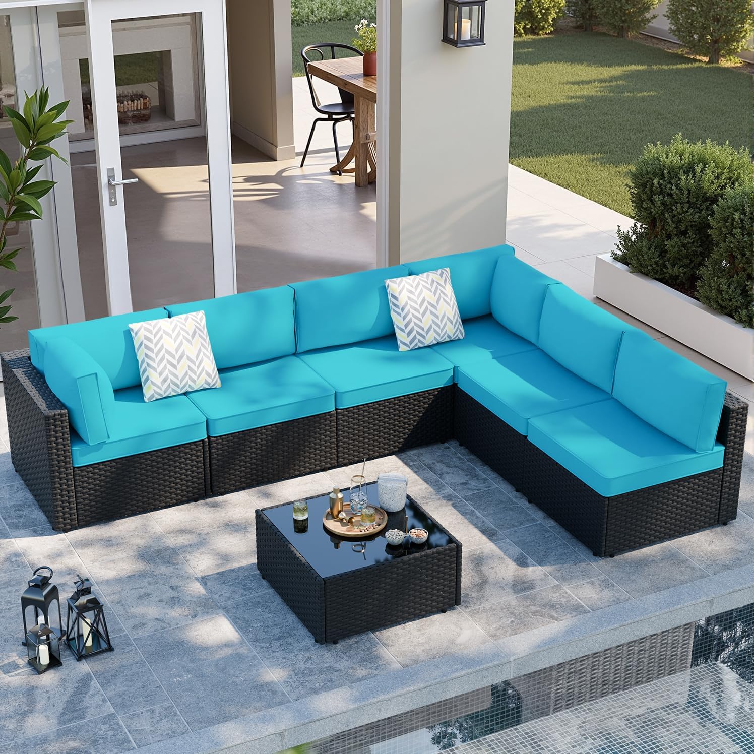 SUNLEI 7pcs Patio Conversation Sets Outdoor Furniture Sets, High Back All-Weather Rattan Sectional Sofa with Tea Table&Washable Couch Cushions(Black Rattan)（Blue）