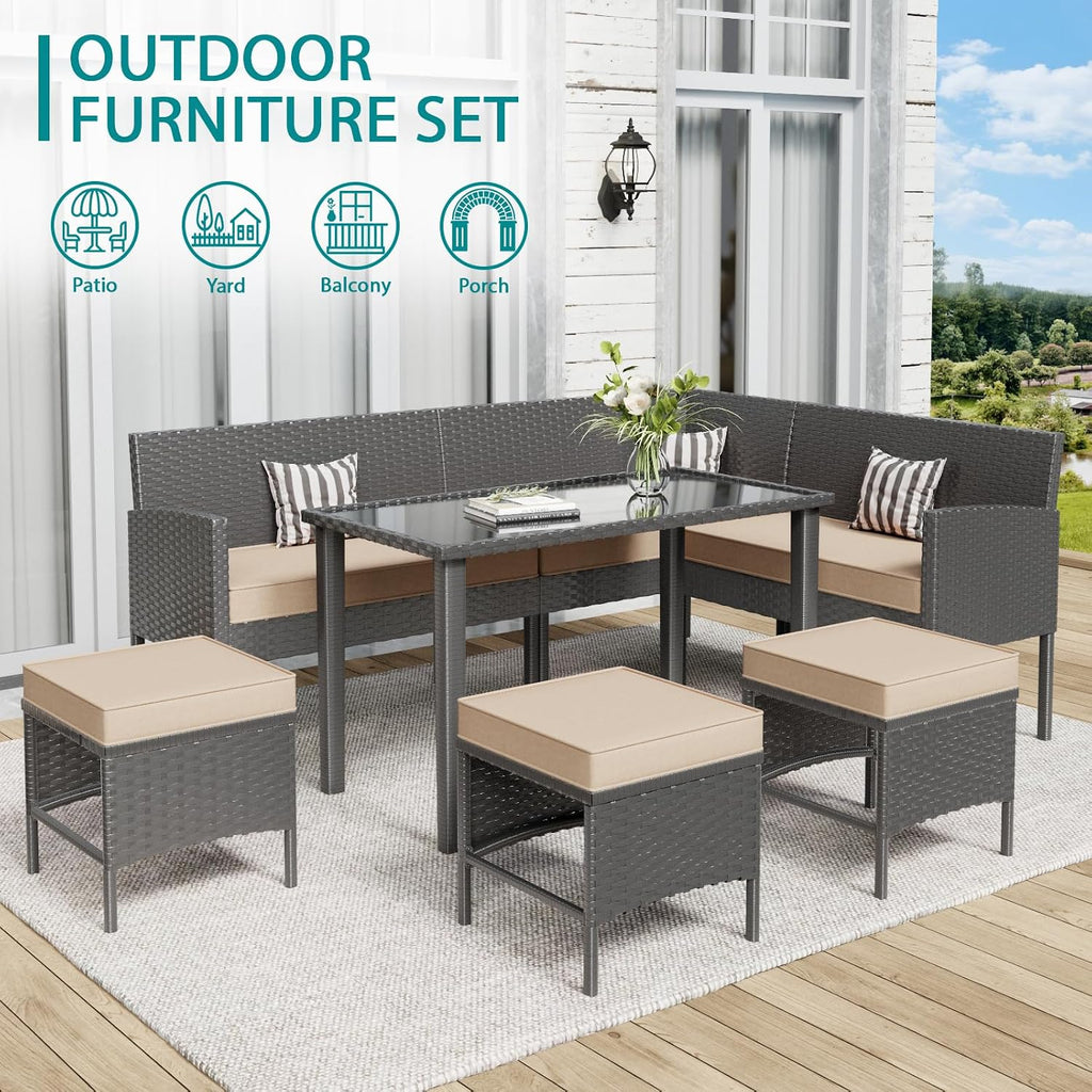 7-Piece Outdoor Patio Furniture Set, All-Weather Wicker Sectional Sofa with Cushions and 3 Pillows, Long Tempered Glass Coffee Table, Rattan Conversation Set for Garden, Porch, Lawn, Khaki