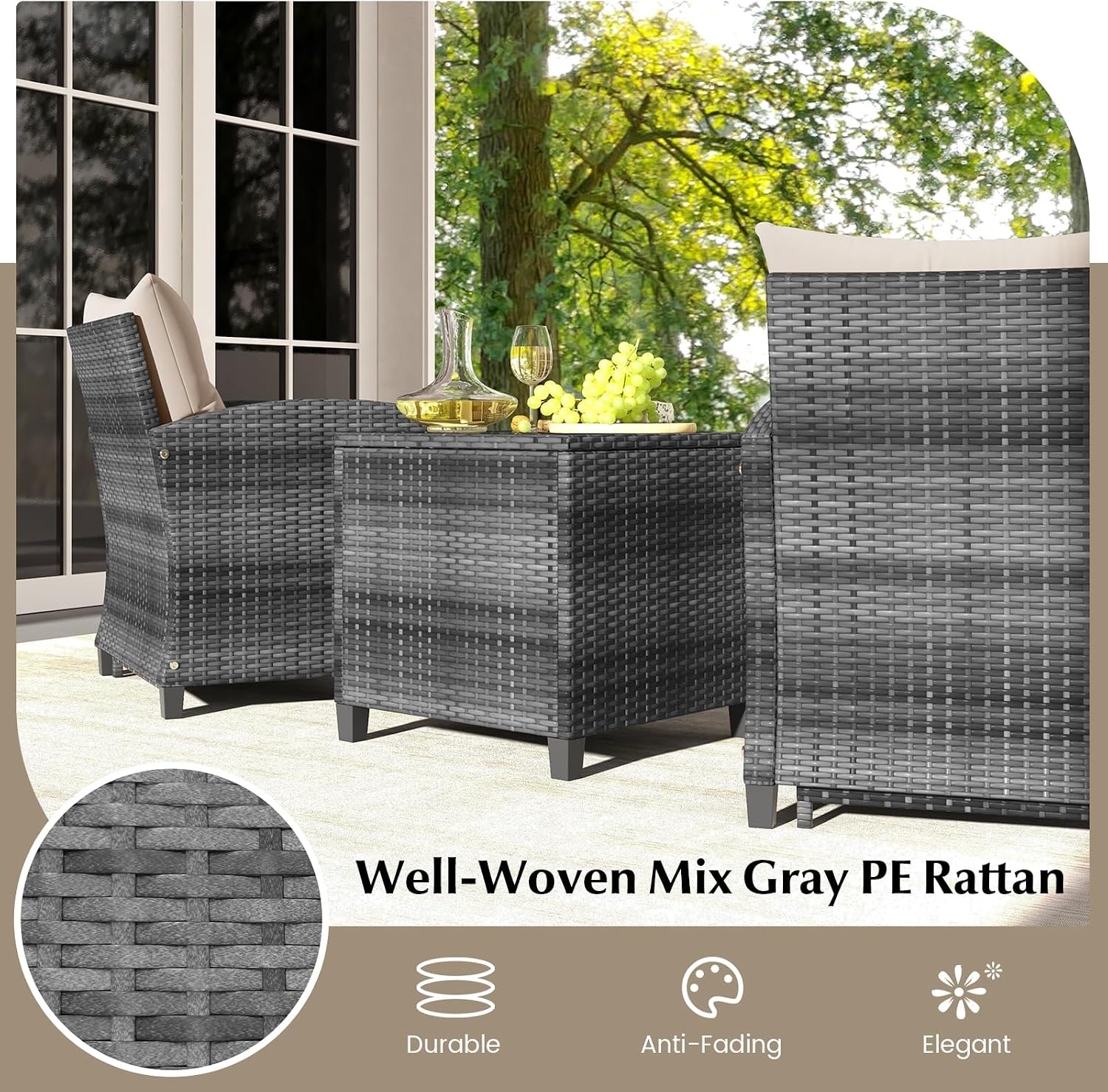 KOTEK 5 Pieces Patio Furniture Set with Ottomans, Wicker Patio Conversation Set with Coffee Table & Cushions, PE Rattan Outdoor Lounge Chairs for Backyard, Porch, Poolside (Mix Grey- Beige)