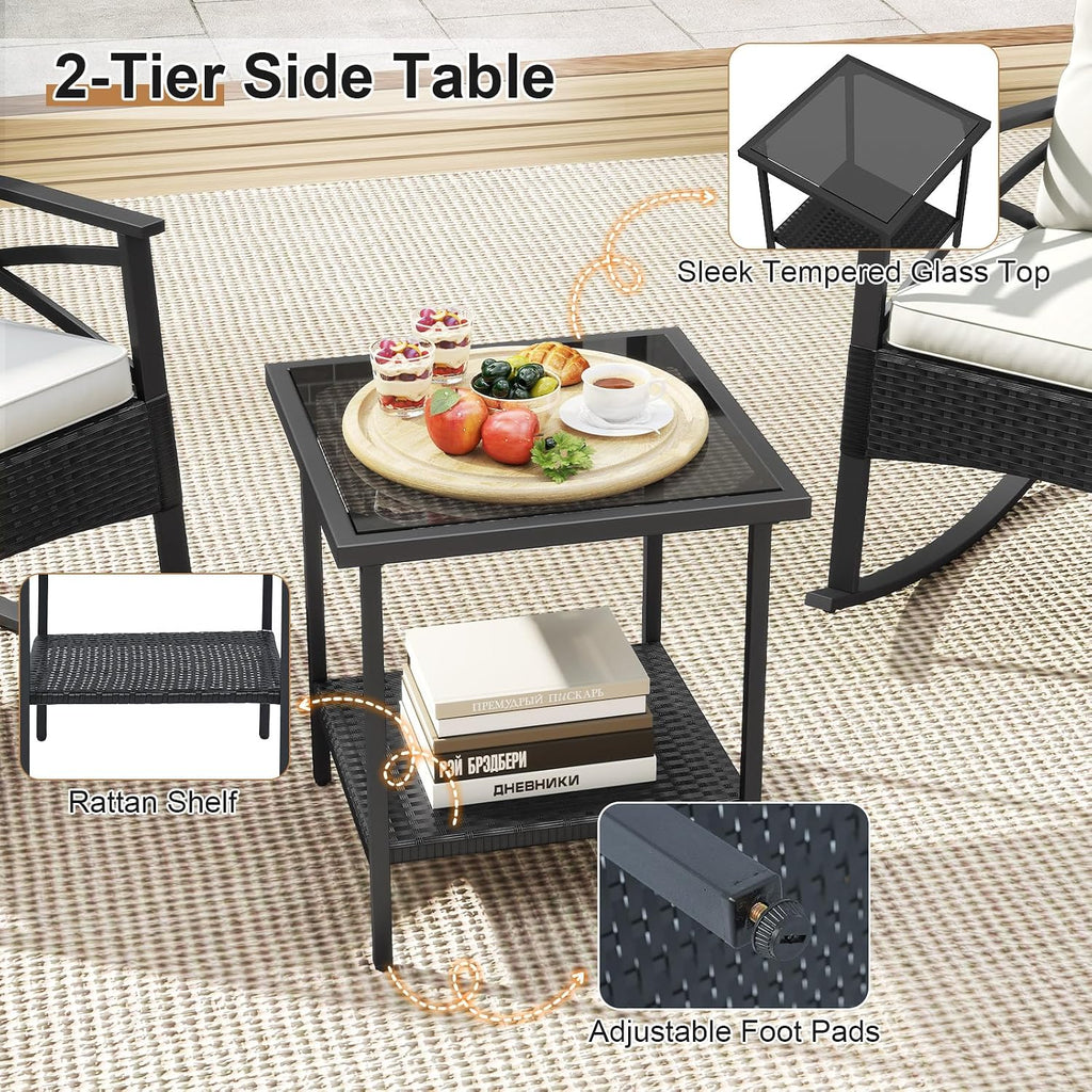 Tangkula 3 Pieces Outdoor Rocking Chairs Set, Rattan Heavy Duty Cushioned Rocker Chairs with 2-Tier Tempered Glass Coffee Table, for Garden, Balcony, Backyard (Black+Beige)