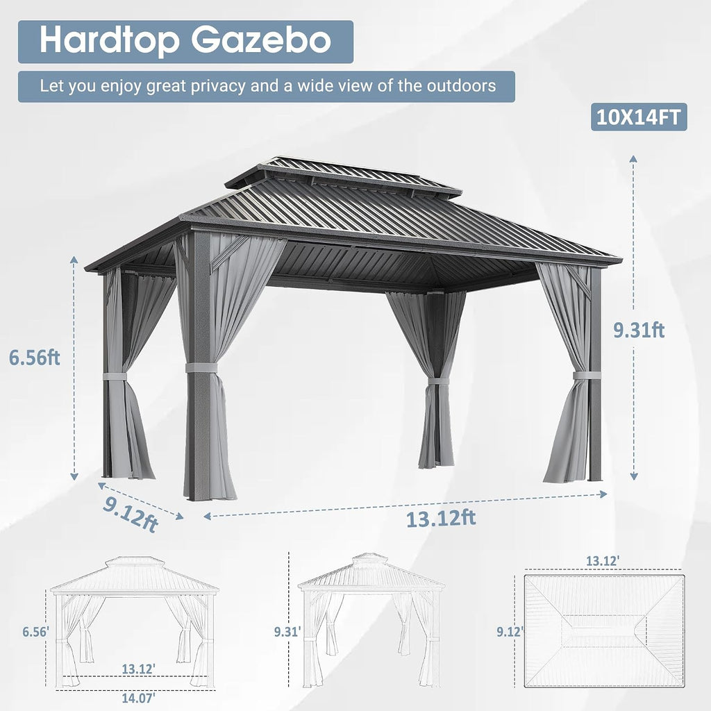 Polar Aurora 10x12 FT Hardtop Gazebo with Aluminum Frame, Galvanized Steel Double Roof Gazebo with Nettings and Curtains, Permanent Outdoor Metal Pavilion for Patio, Deck, Lawn and Garden, Gray