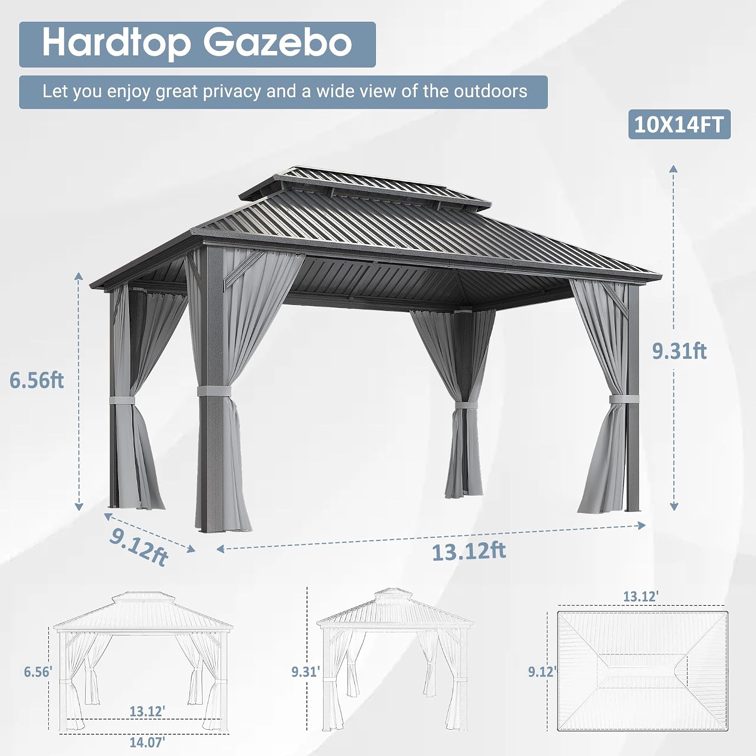 Polar Aurora 10x12 FT Hardtop Gazebo with Aluminum Frame, Galvanized Steel Double Roof Gazebo with Nettings and Curtains, Permanent Outdoor Metal Pavilion for Patio, Deck, Lawn and Garden, Gray