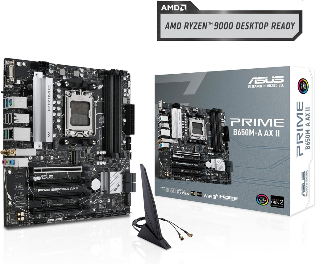 ASUS Prime B650M-A AX II AMD B650 AM5 Ryzen™ Desktop 9000 8000 & 7000 Micro-ATX mATX Motherboard, DDR5, PCIe 5.0 M.2, 2.5Gb LAN, Wi-Fi 6, DisplayPort, HDMI®, USB 3.2, USB 3.2 Type-C®, BIOS Flashback™