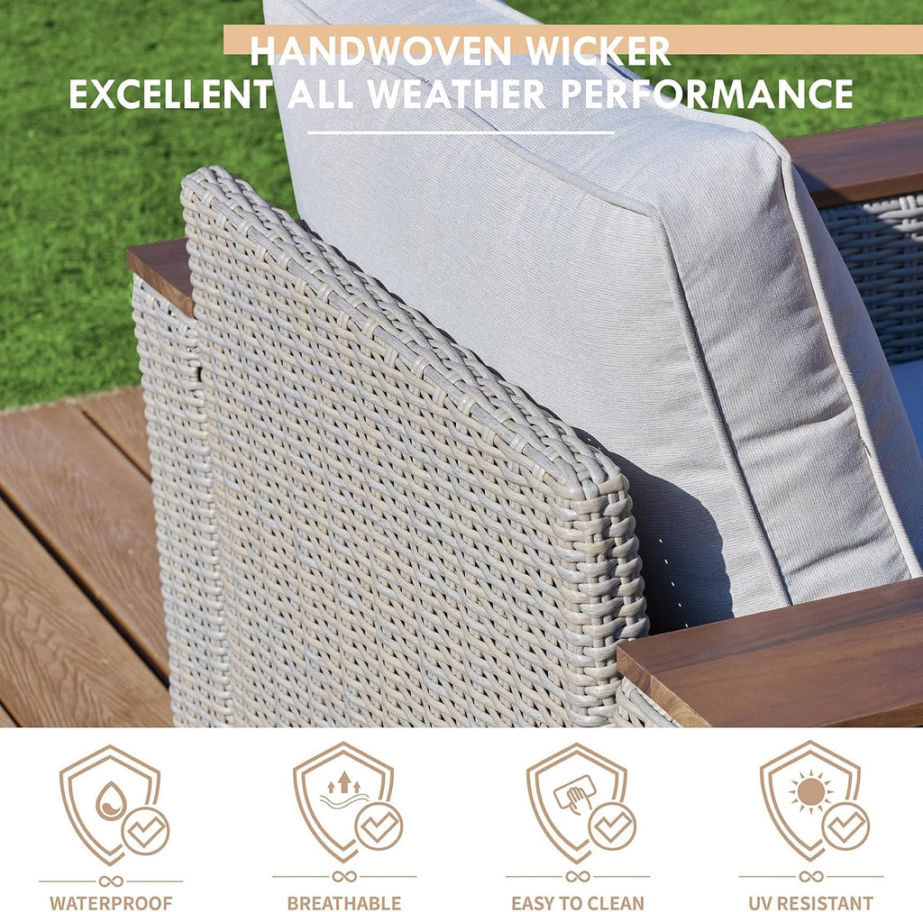 PaPaJet 4-Piece Wicker Patio Furniture Set with Solid Wood Armrest, Outdoor Patio Set with Thick Legs, UV-Resistant Modular Outdoor Sectional Sofa for Backyard, Porch, Garden