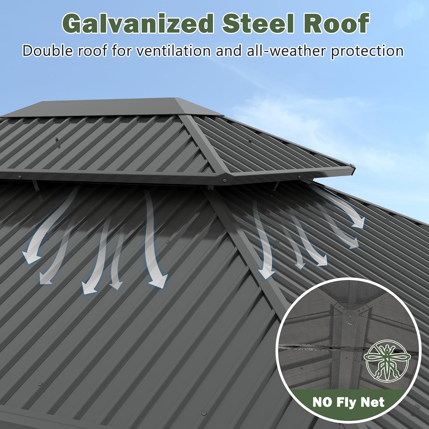 12'x14' Hardtop Wood Gazebo, Outdoor Double Roof Galvanized Steel Top Gazebo with Wooden Post, Curtains & Netting for Backyard, Patio, Deck (12x14 FT)