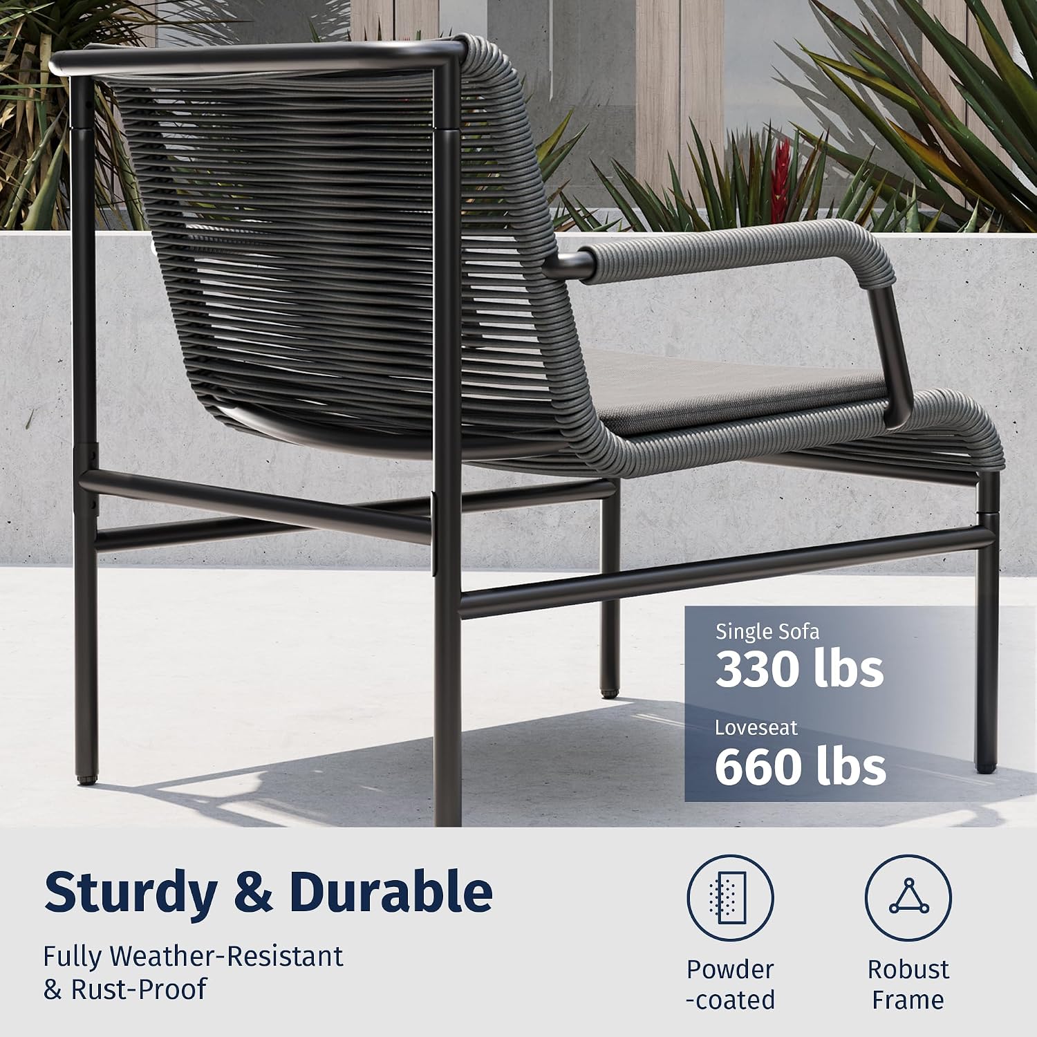East Oak 4 Piece Patio Furniture Set, Outdoor Furniture with PE Wicker Rattan Chairs and Coffee Table, Modern Patio Conversation Set with Soft Pad for Garden, Backyard and Porch, Misty Grey