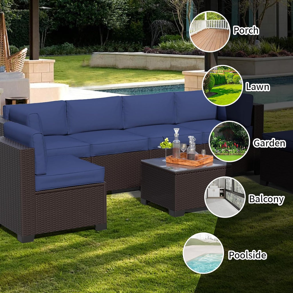 Patio Furniture Set (Dark Brown Rattan & Dark Blue Cushions, 7 Pieces)