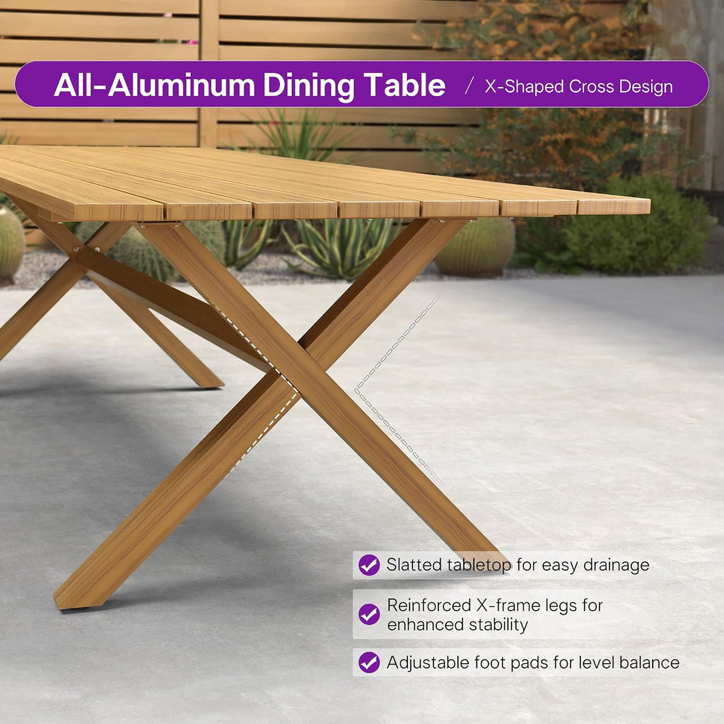 PURPLE LEAF 9 Pieces Outdoor Dining Set All Weather Wicker Patio Dining Set with Rectangular Aluminum Table and Modern Armrest Dining Chairs for Garden Deck Backyard Kitchen, Teak