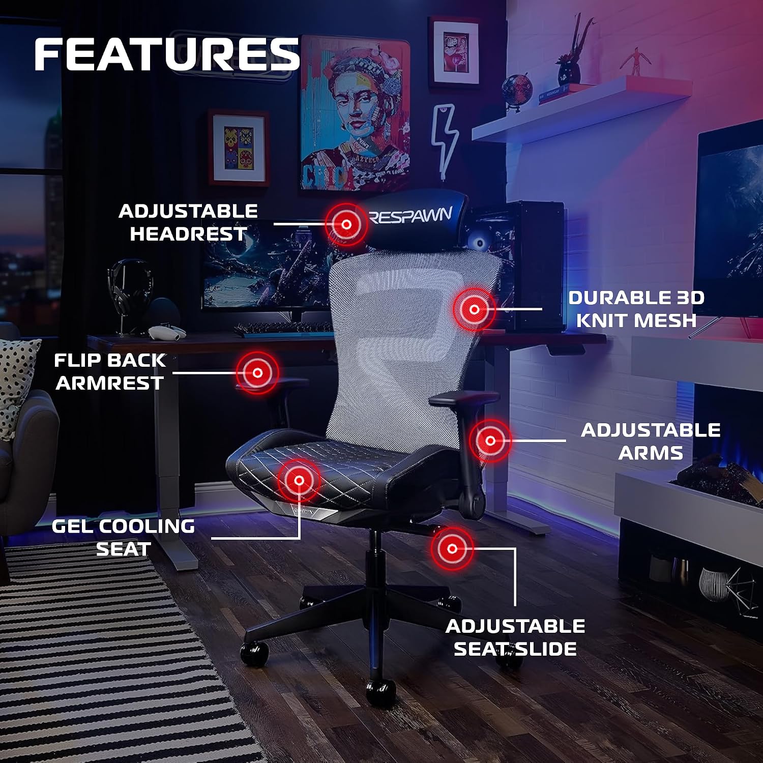 RESPAWN SPIRE Ergonomic Office Chair with Lumbar Support, Headrest, Adjustable Arms and Cooling Gel Seat Cushion, Comfy Breathable Mesh Seat for Home Office, High Back Reclining Gaming Chair - Black