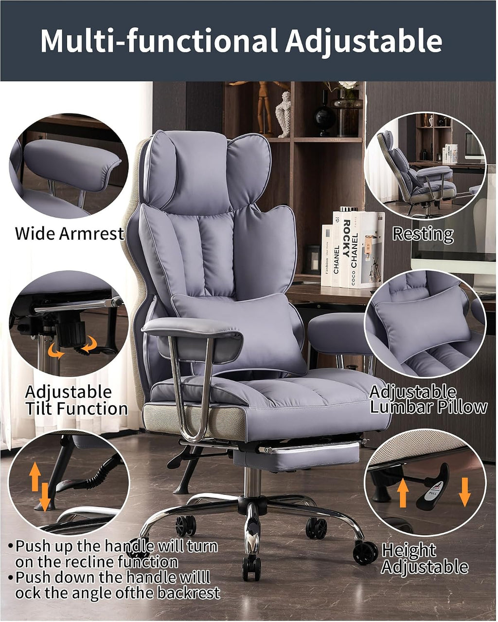Efomao Big and Tall Office Chair 440LBS, Purple Heavy Duty Executive Chair with Footrest, Ergonomic Desk Chair for Home Office, Wide Computer Chair