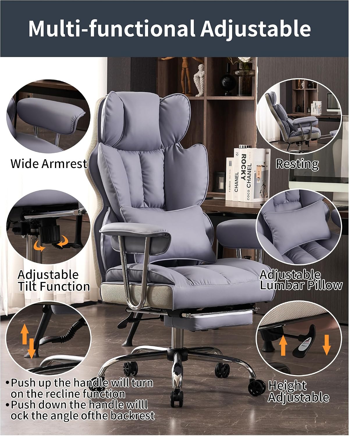 Efomao Big and Tall Office Chair 440LBS, Purple Heavy Duty Executive Chair with Footrest, Ergonomic Desk Chair for Home Office, Wide Computer Chair