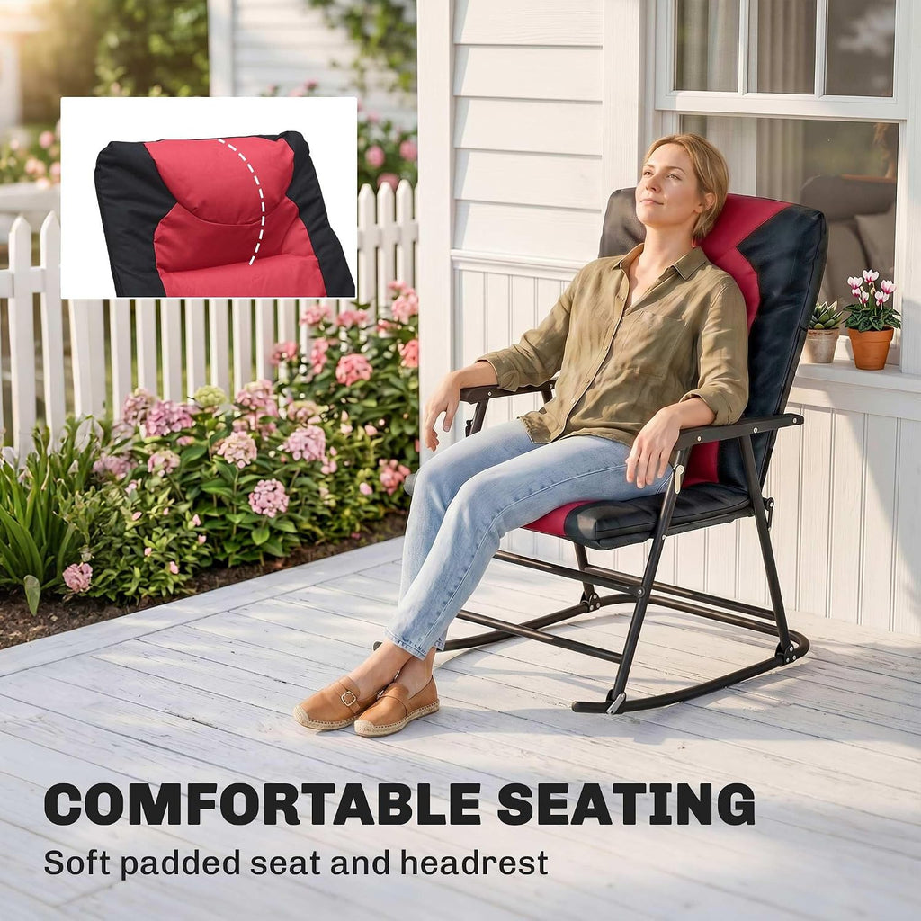 Outsunny 3 Piece Outdoor Patio Furniture Set with Glass Coffee Table & 2 Folding Padded Rocking Chairs, Bistro Style for Porch, Camping, Balcony, Red