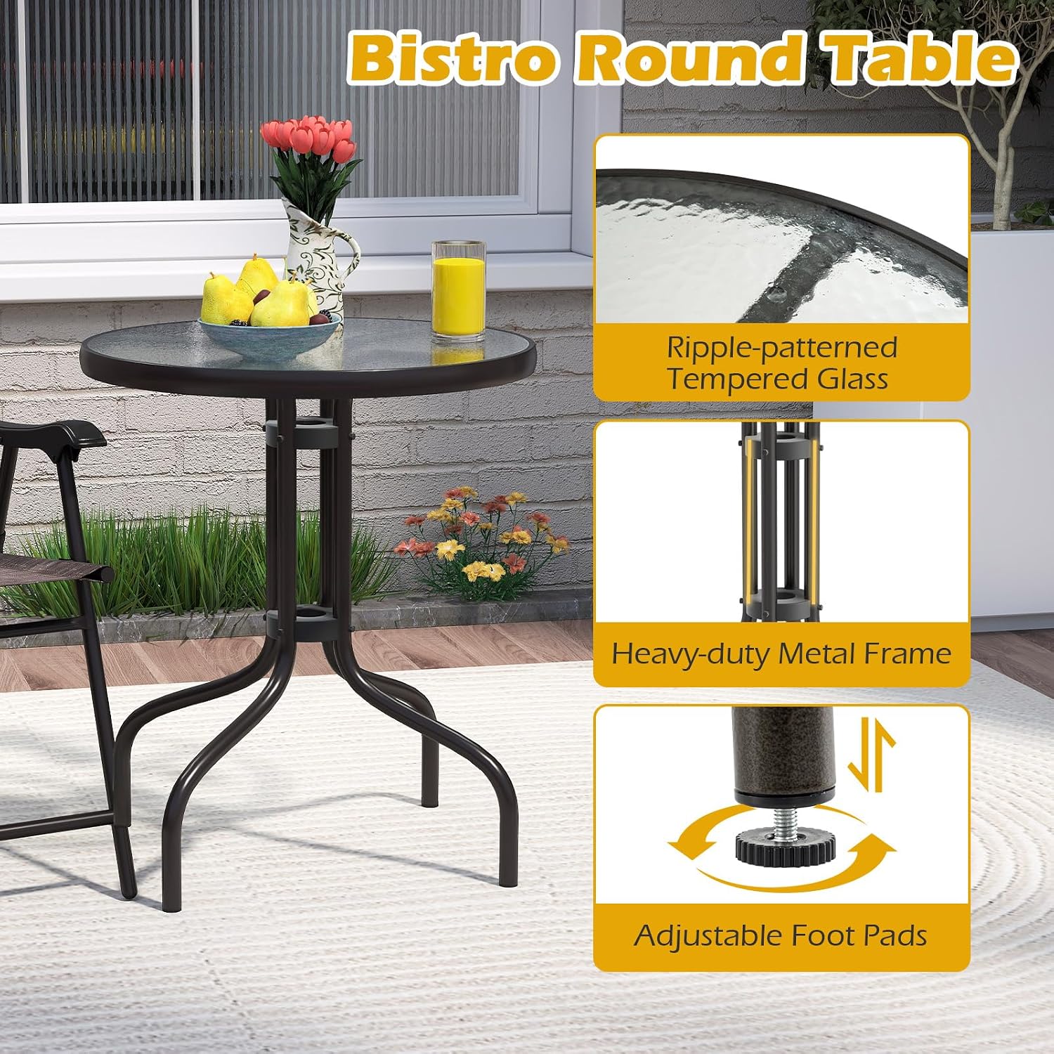 Goplus Bistro Table and Chairs Set of 2, Outdoor 3 Piece Patio Bistro Set with 1.57' Umbrella Hole, Tempered Glass Tabletop, 2 Folding Chairs, Small Patio Furniture Dining Set for Garden, Balcony