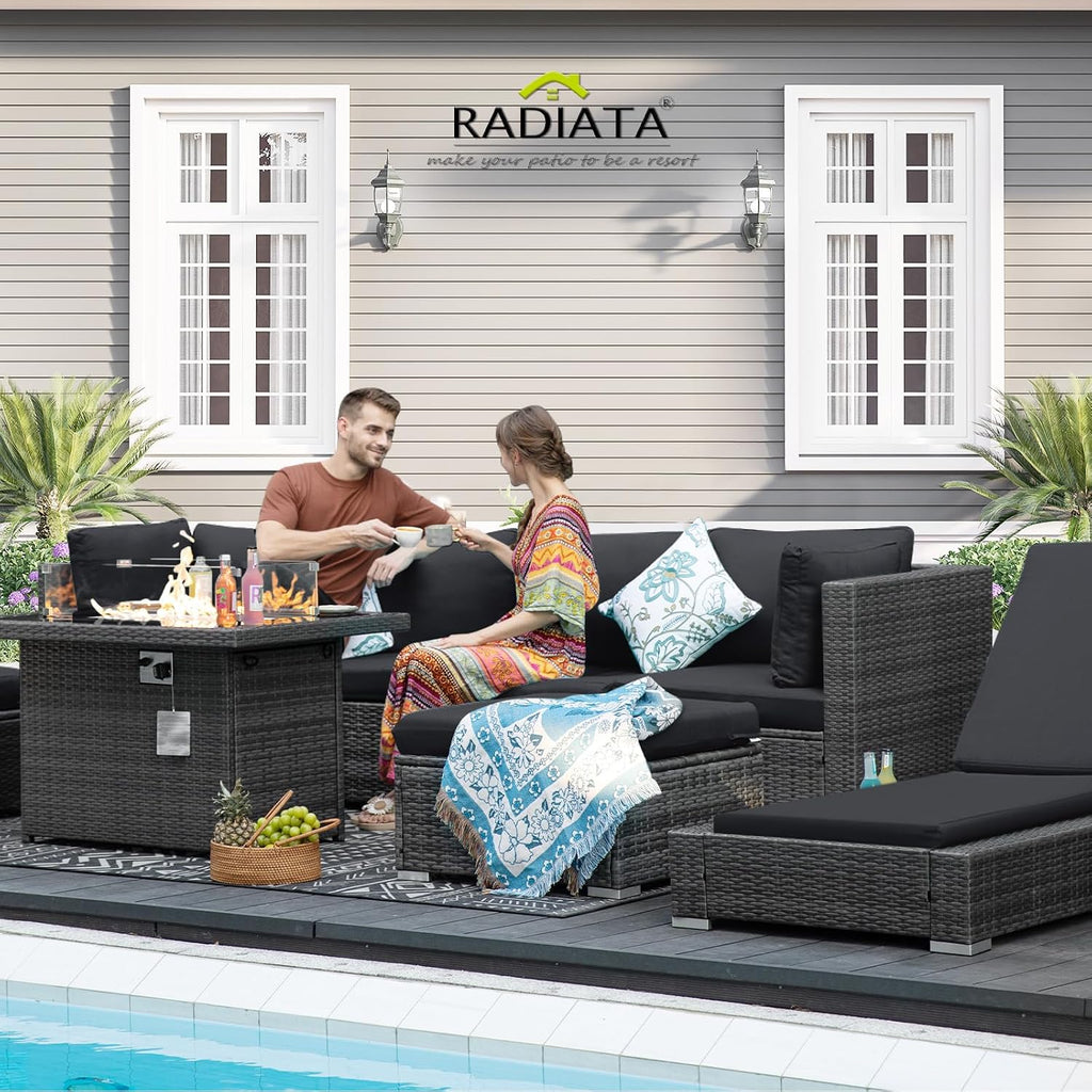 RADIATA 9 Piece Wicker Patio Furniture Set with Fire Pit, All-Weather Outdoor Sectional Couch High Back Large Size, Modular Backyard Seating Sofa Set with Propane/Natural Gas Firepit Table, Grey&Black